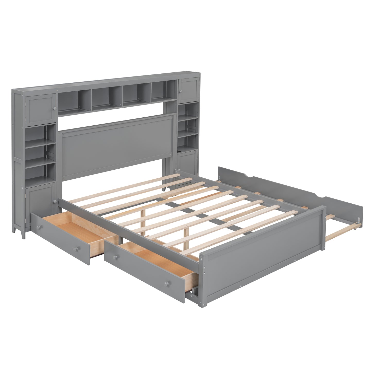 Gray storage bed frame with open shelves and drawers