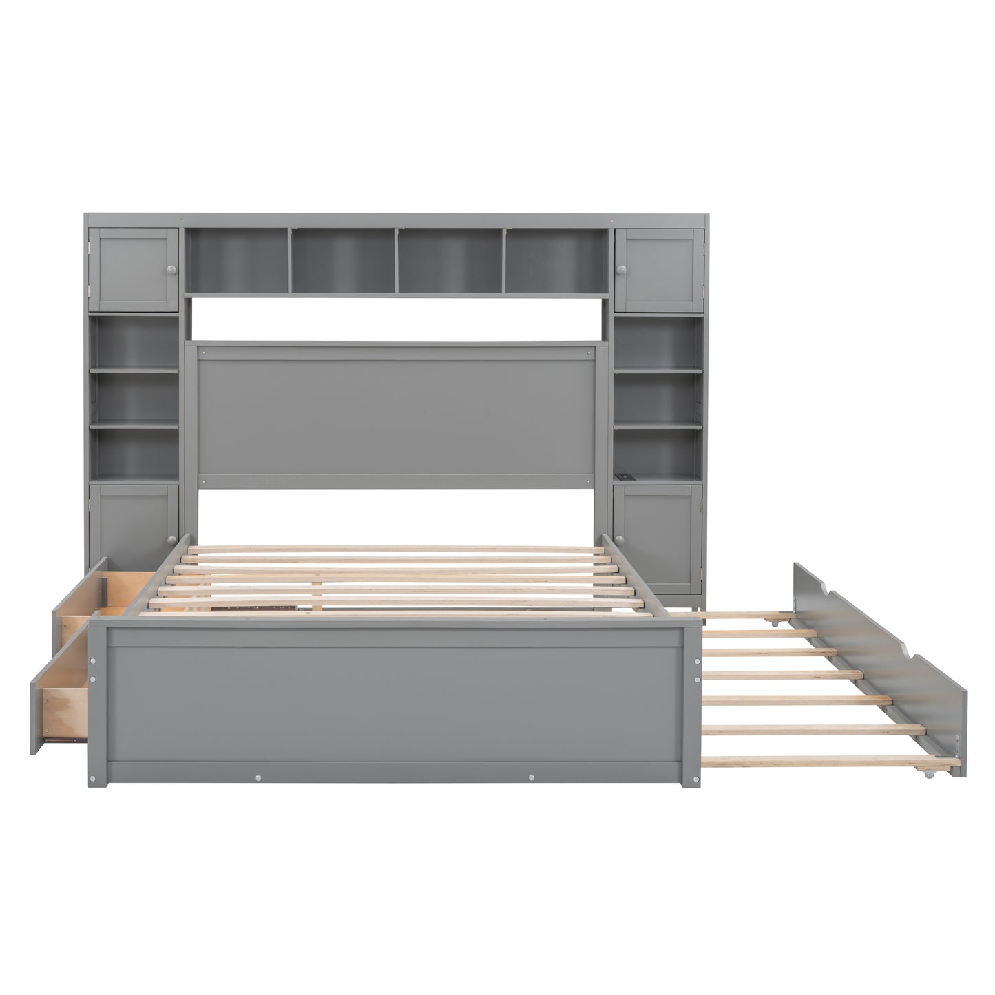 Gray twin bed frame with storage drawers and shelves