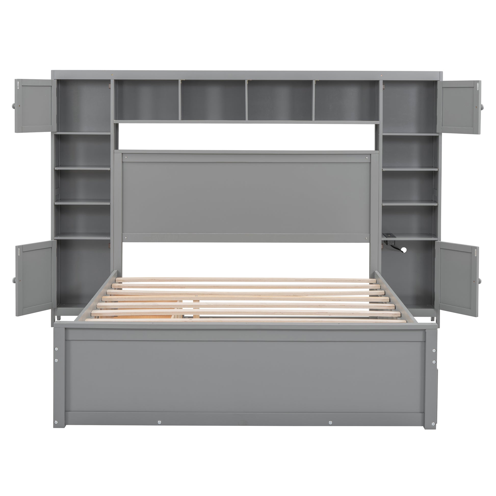 Gray twin bed frame with integrated headboard storage