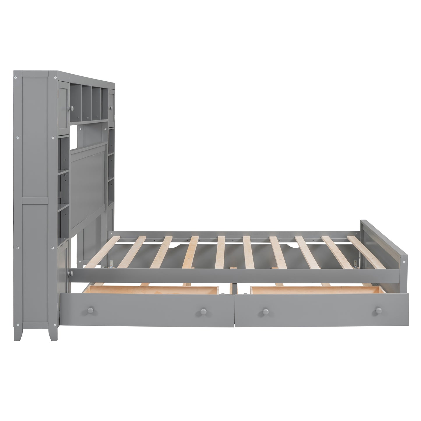 Gray twin bed frame with attached bookcase headboard and two underbed drawers