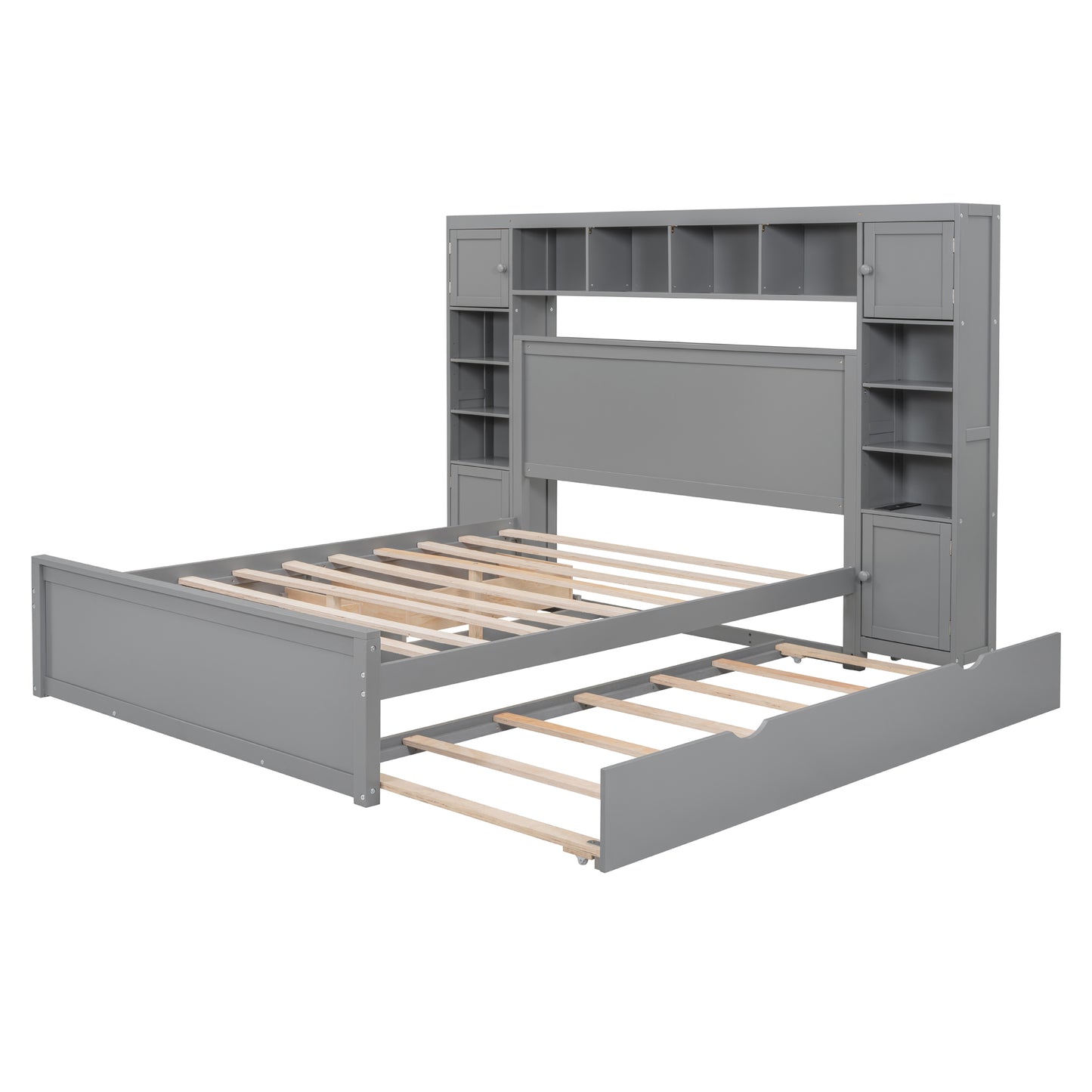 Gray wooden twin daybed with trundle and storage headboard