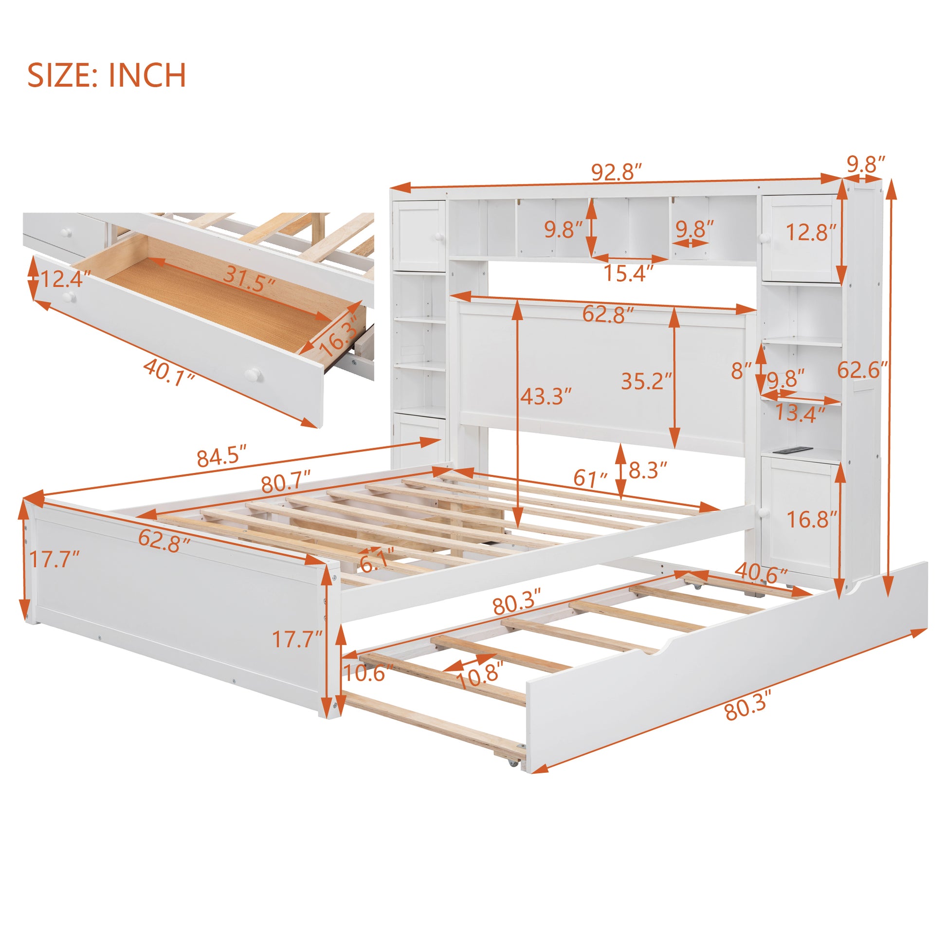 White wooden platform bed frame with headboard shelves and drawers