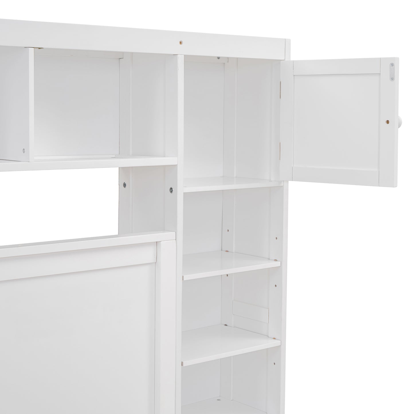 White wooden bunk bed shelf unit with open compartments