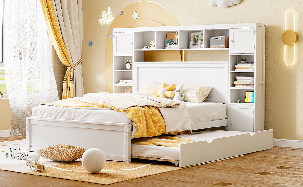 White twin bed with pullout trundle and builtin storage bookshelf