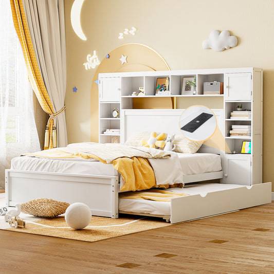 White twin bed with trundle and builtin shelving unit