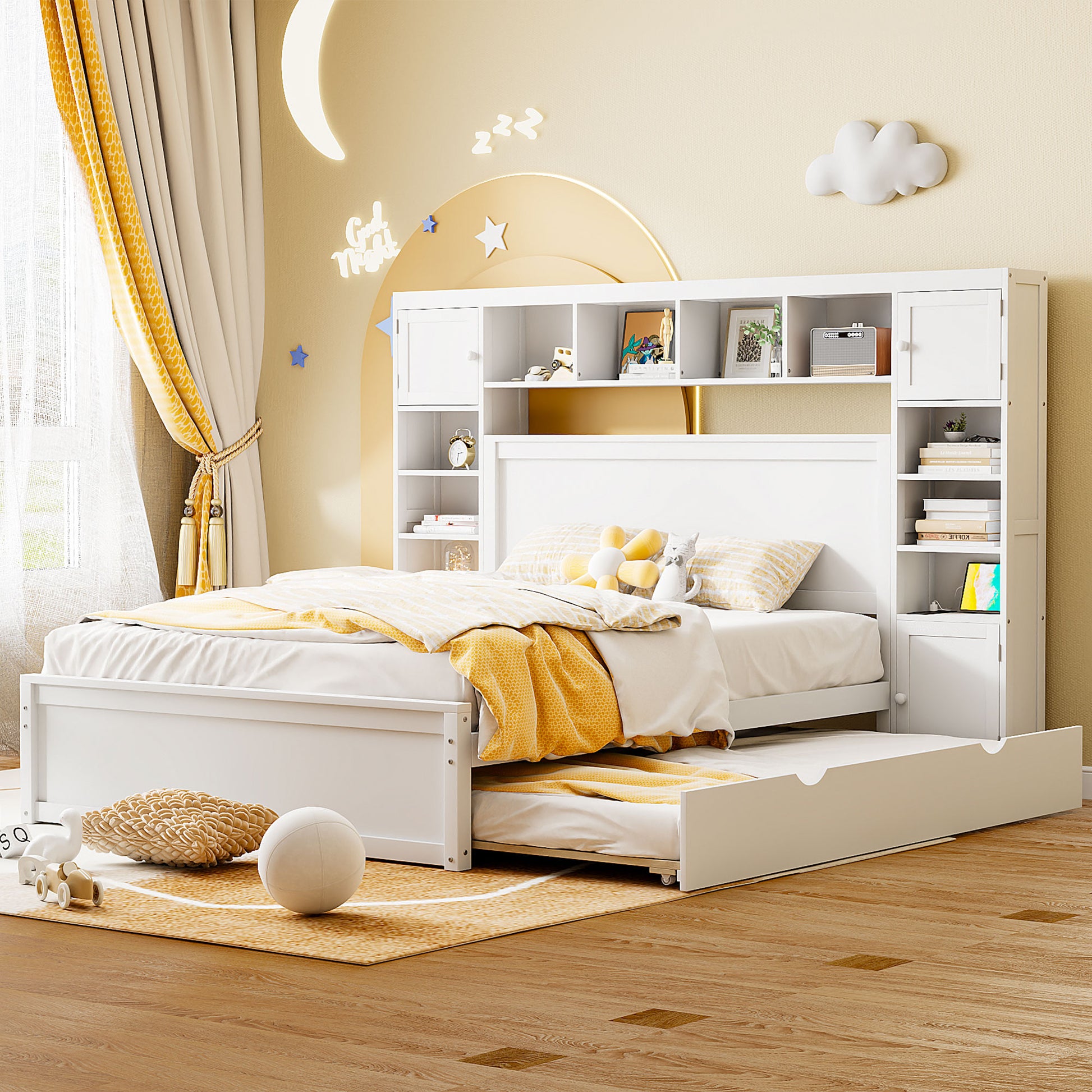White twin bed with pullout trundle and attached bookcase headboard