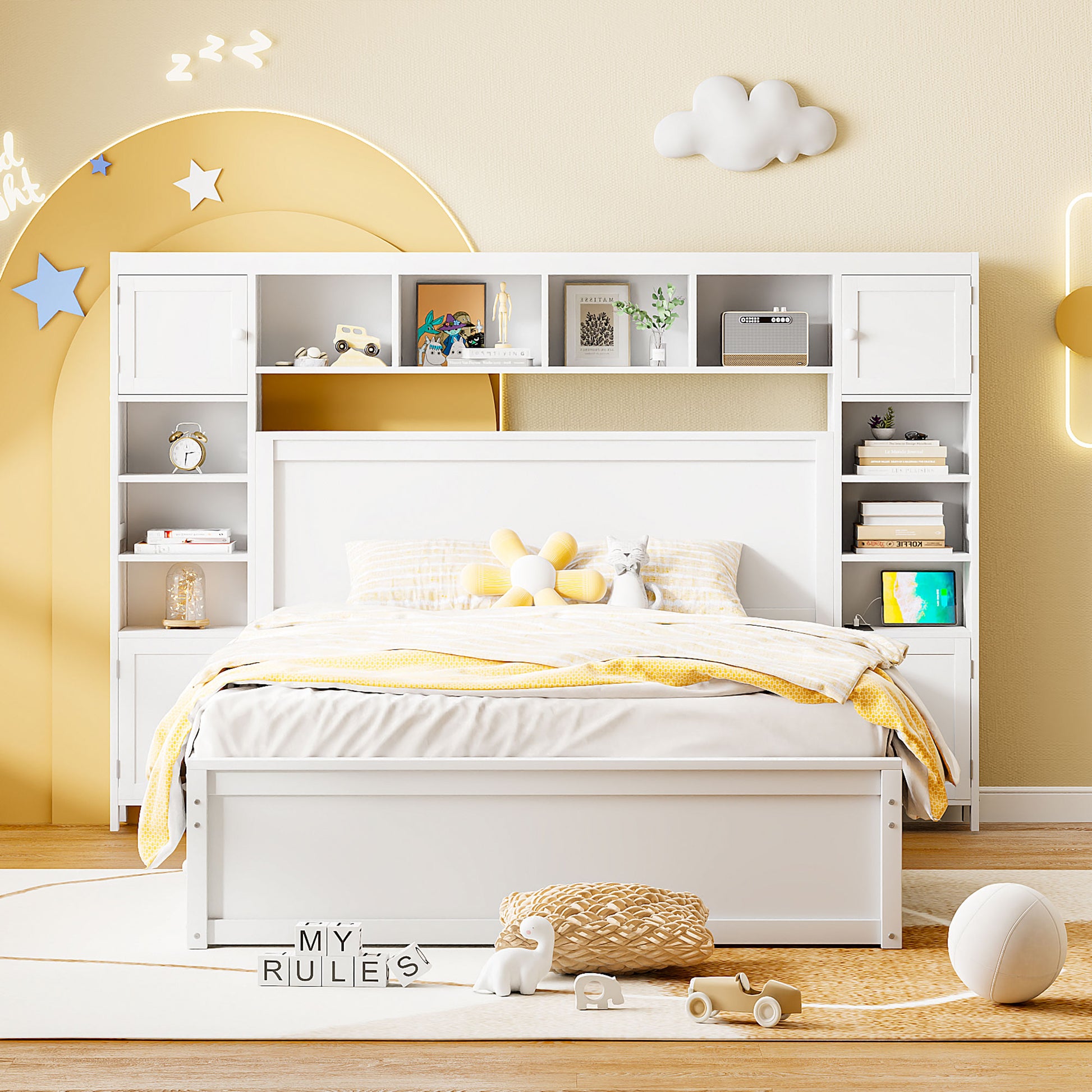 White wooden twin bed frame with attached storage shelves