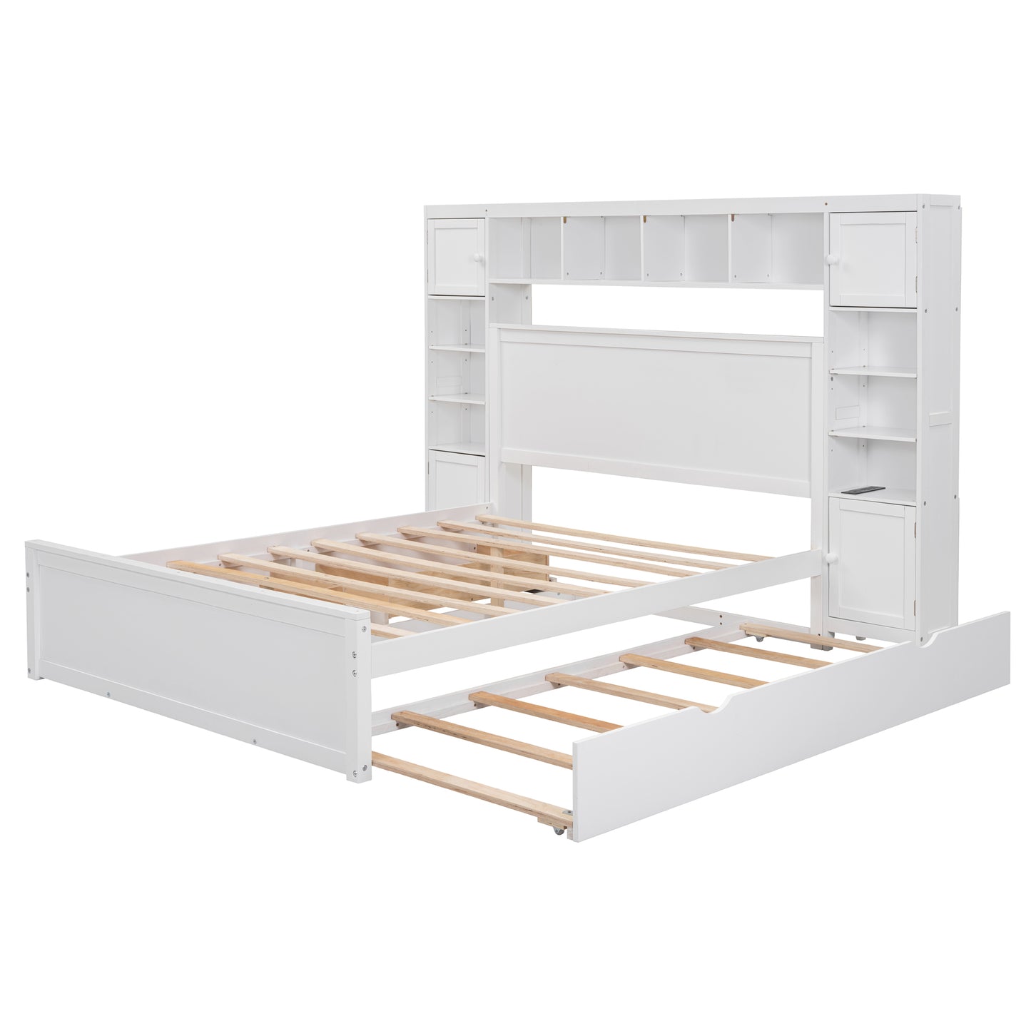 White wooden bed frame with builtin headboard shelving and a pullout trundle