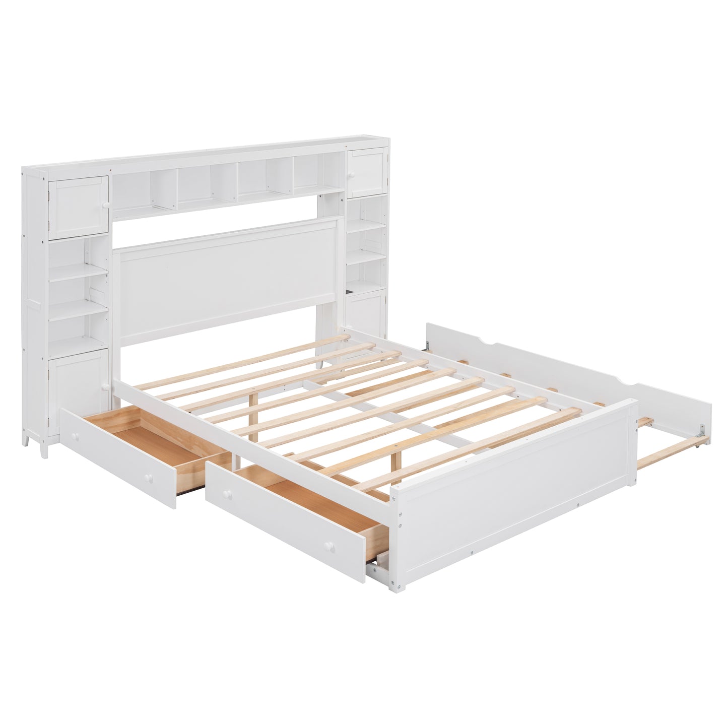 White twin bed with bookshelf headboard and three storage drawers