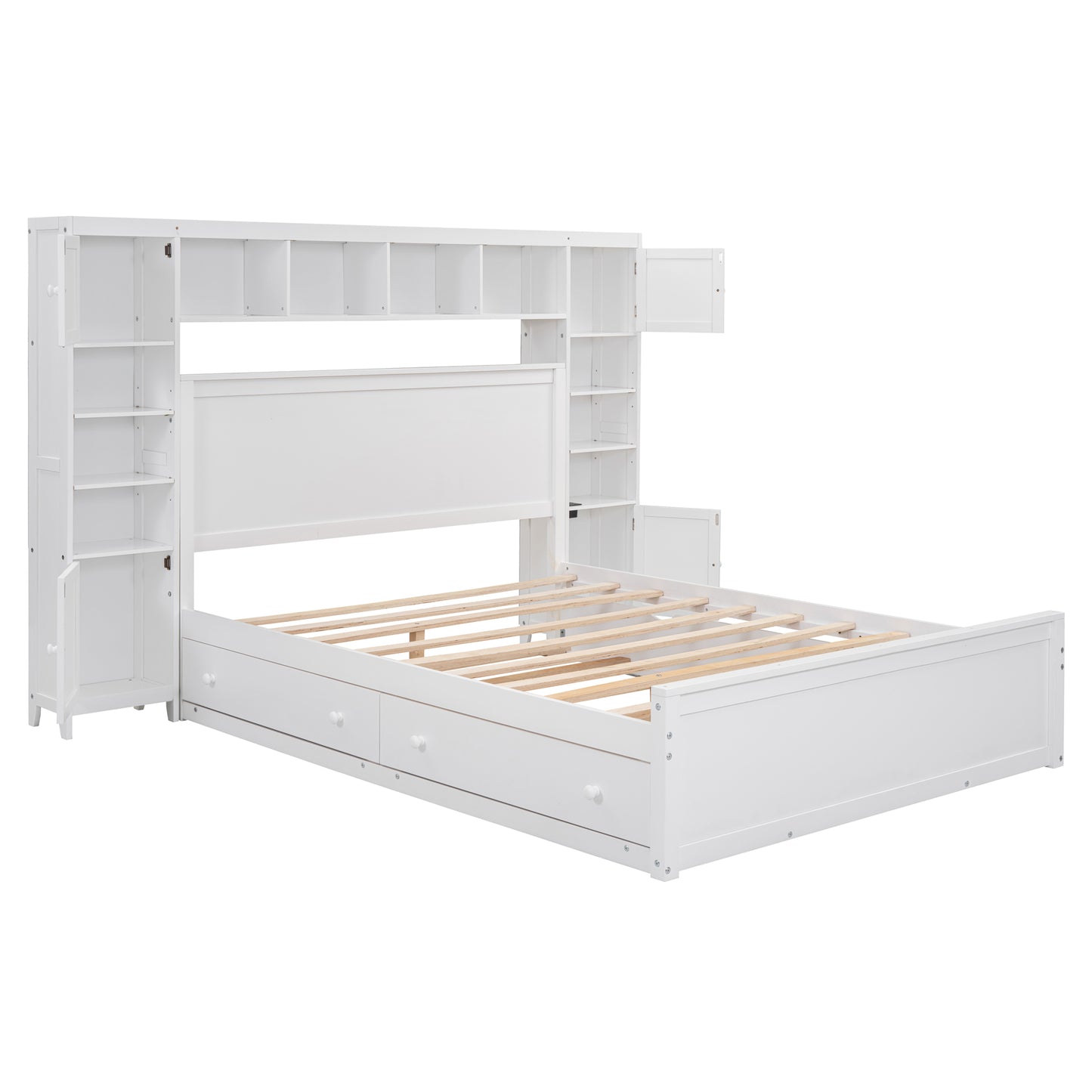 White wooden twin bed with multiple storage shelves and drawers