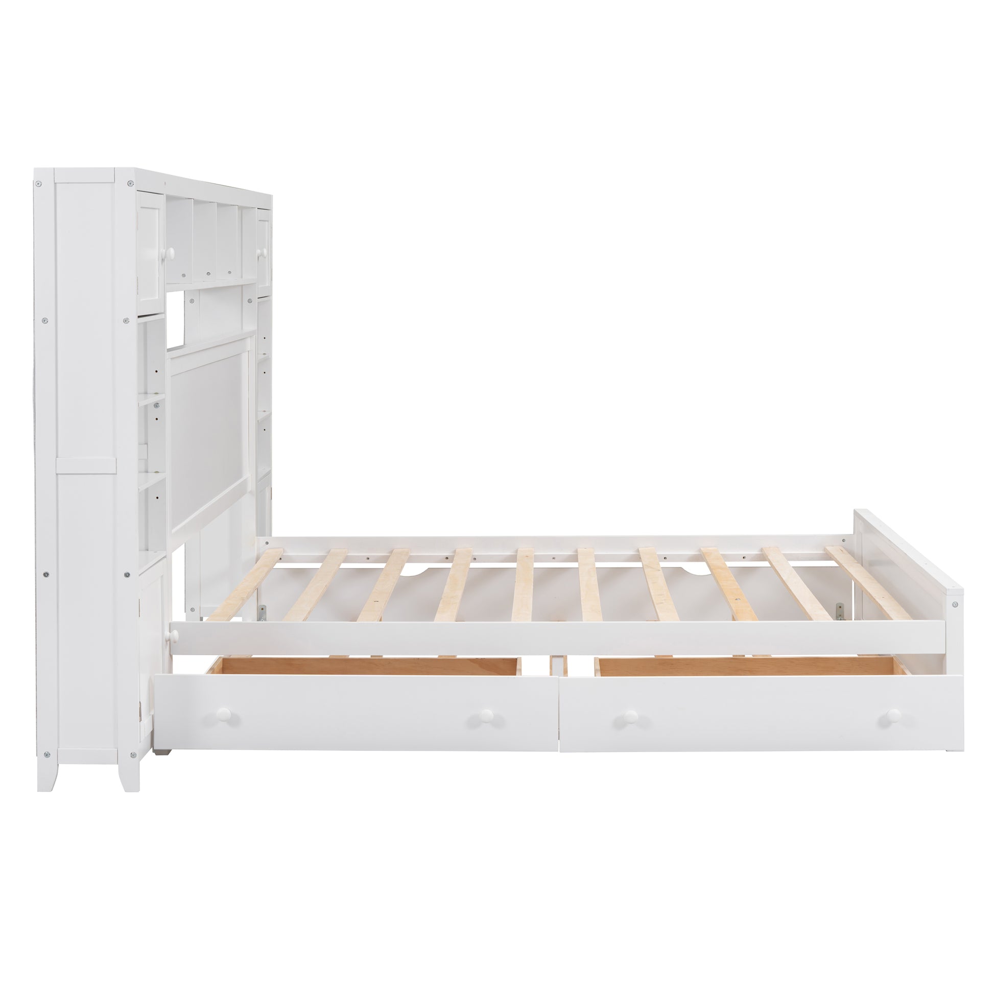 White twin captains bed frame with storage drawers and headboard shelving