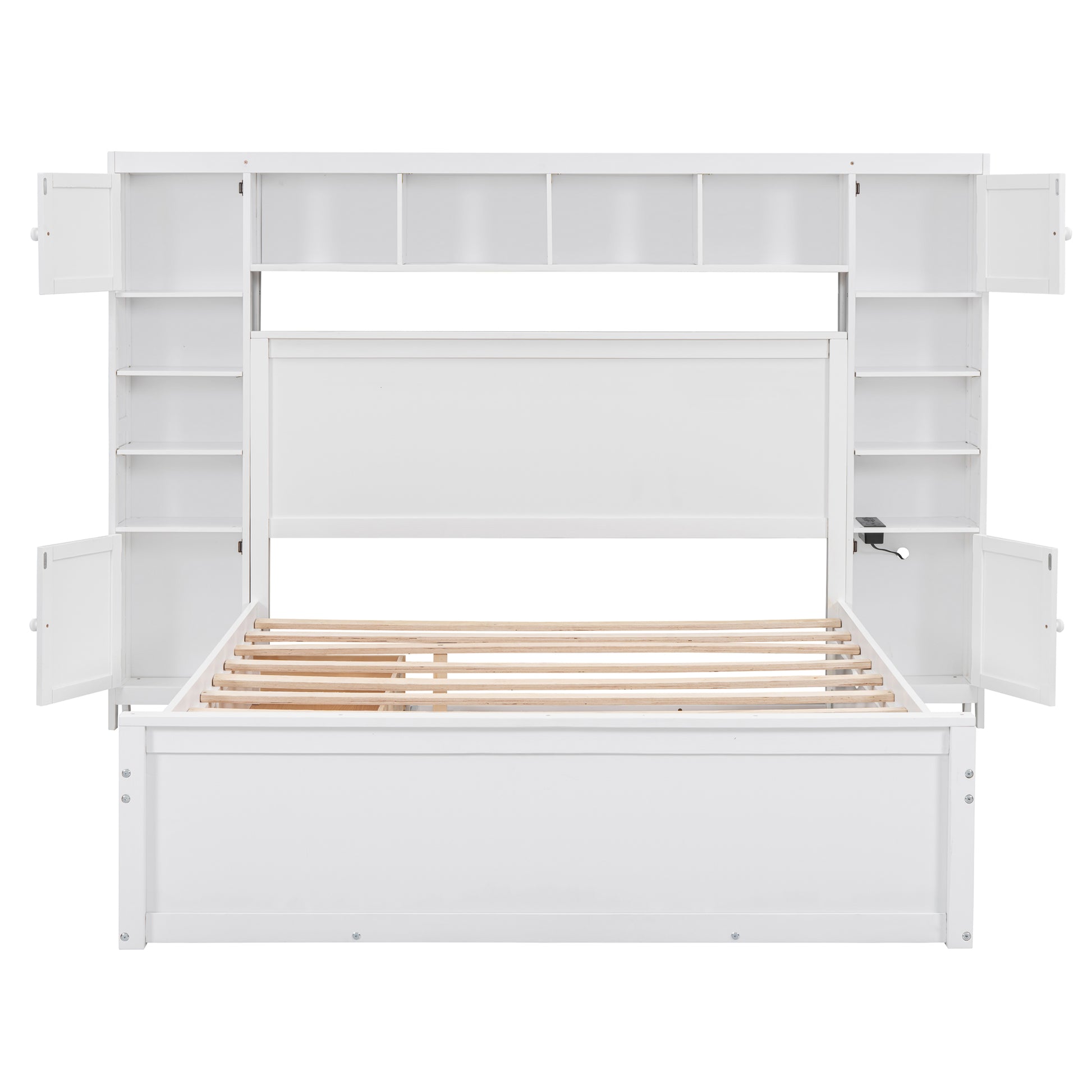White wooden platform bed frame with integrated headboard storage