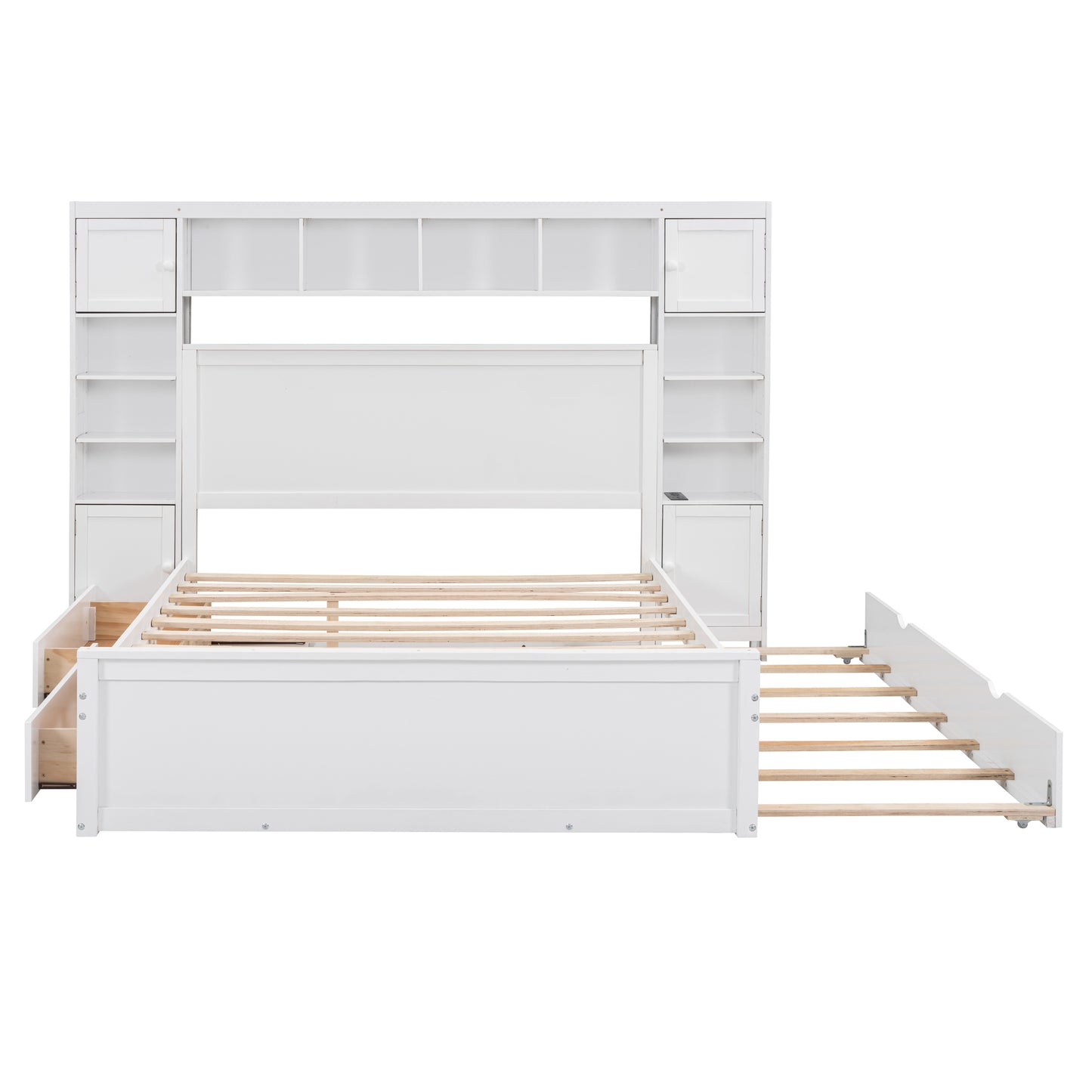 White twin bed frame with storage shelves and drawers