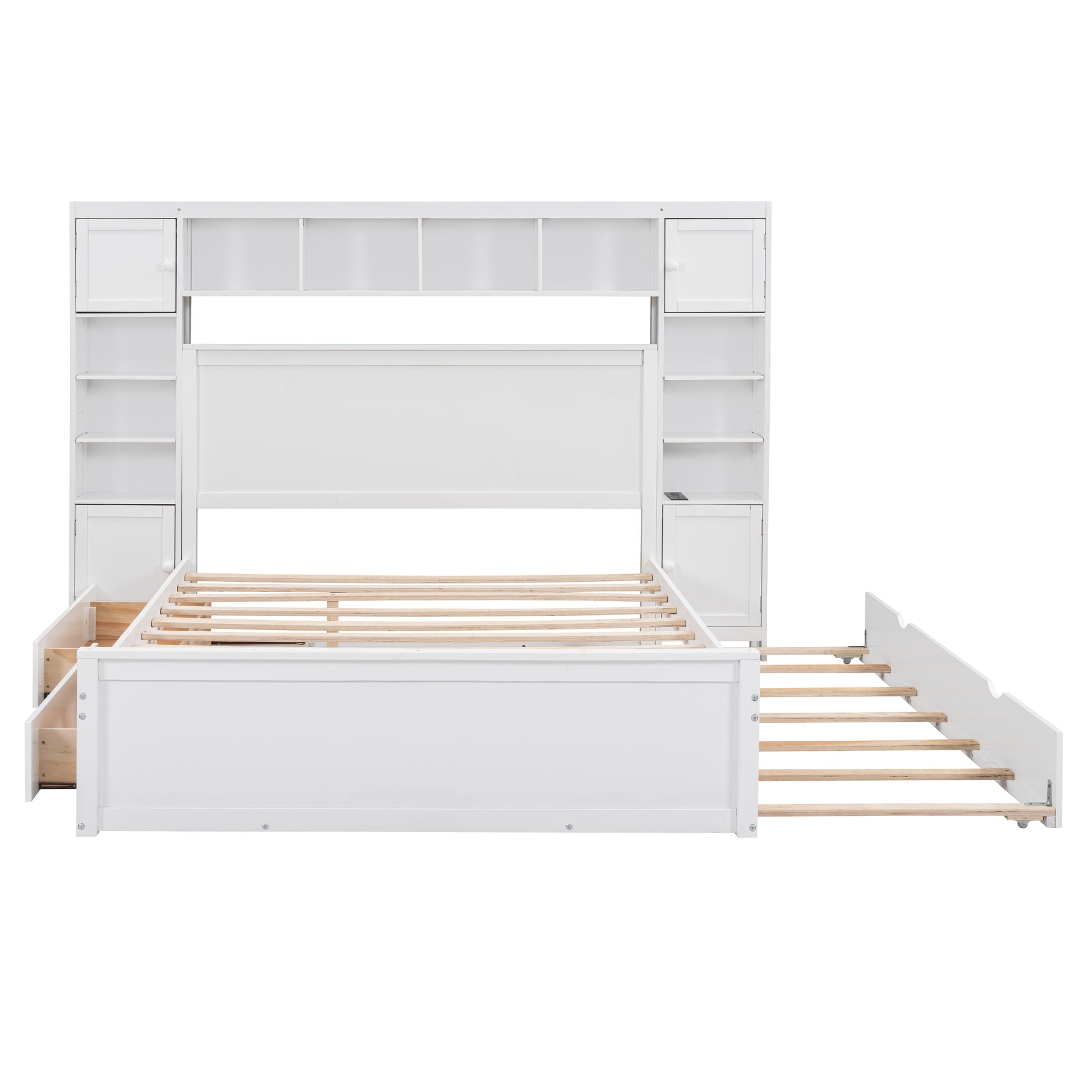 White twin bed frame with storage shelves and drawers