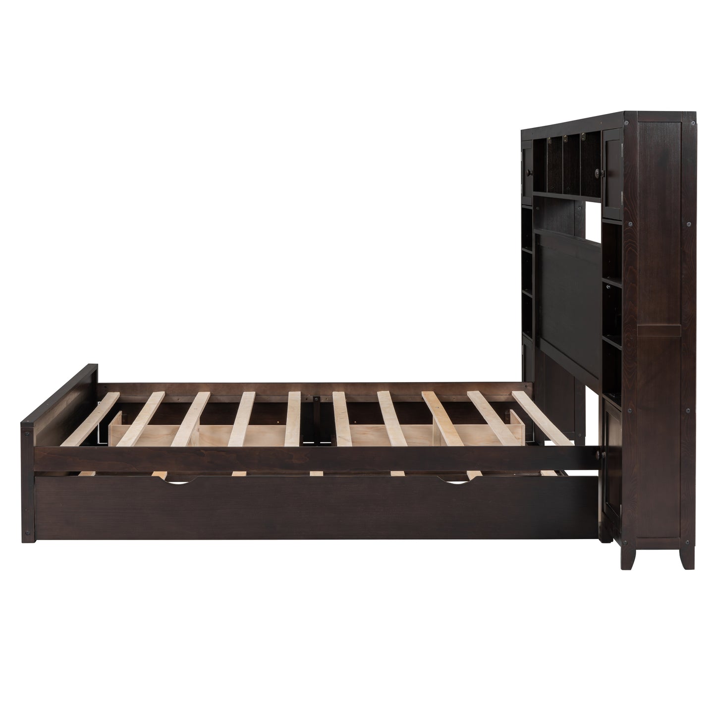 Dark brown wooden twin bed frame with open shelving and drawer