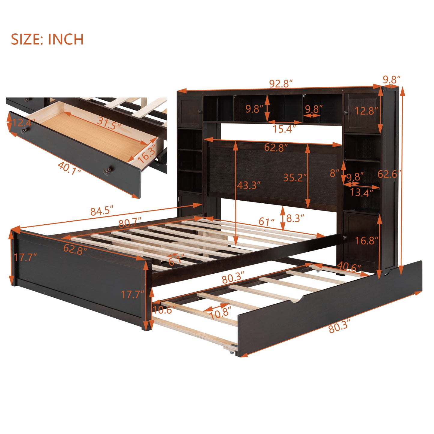 Dark brown wooden bed frame with integrated headboard shelves and drawers