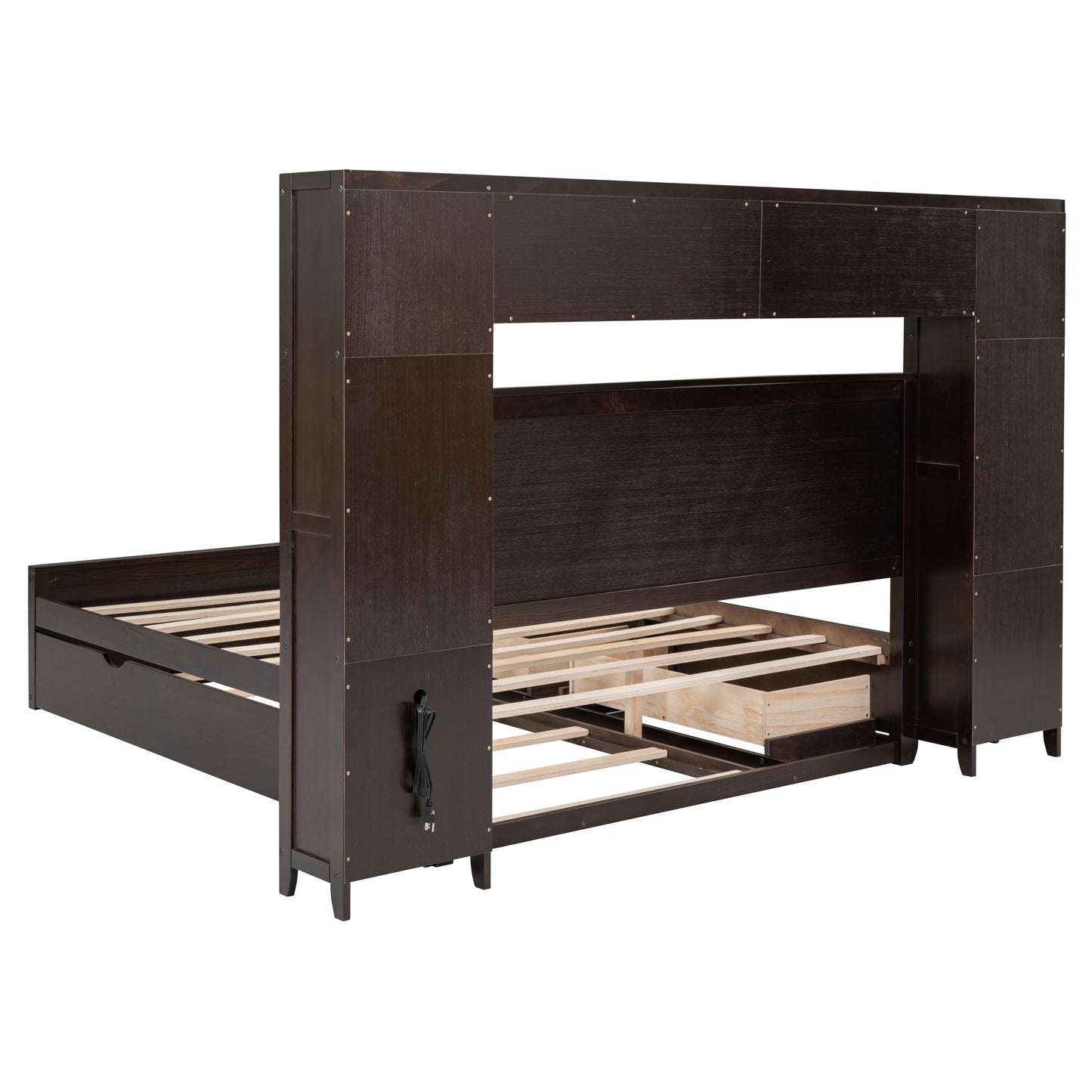 Dark wood storage bed frame with integrated headboard shelves and one drawer