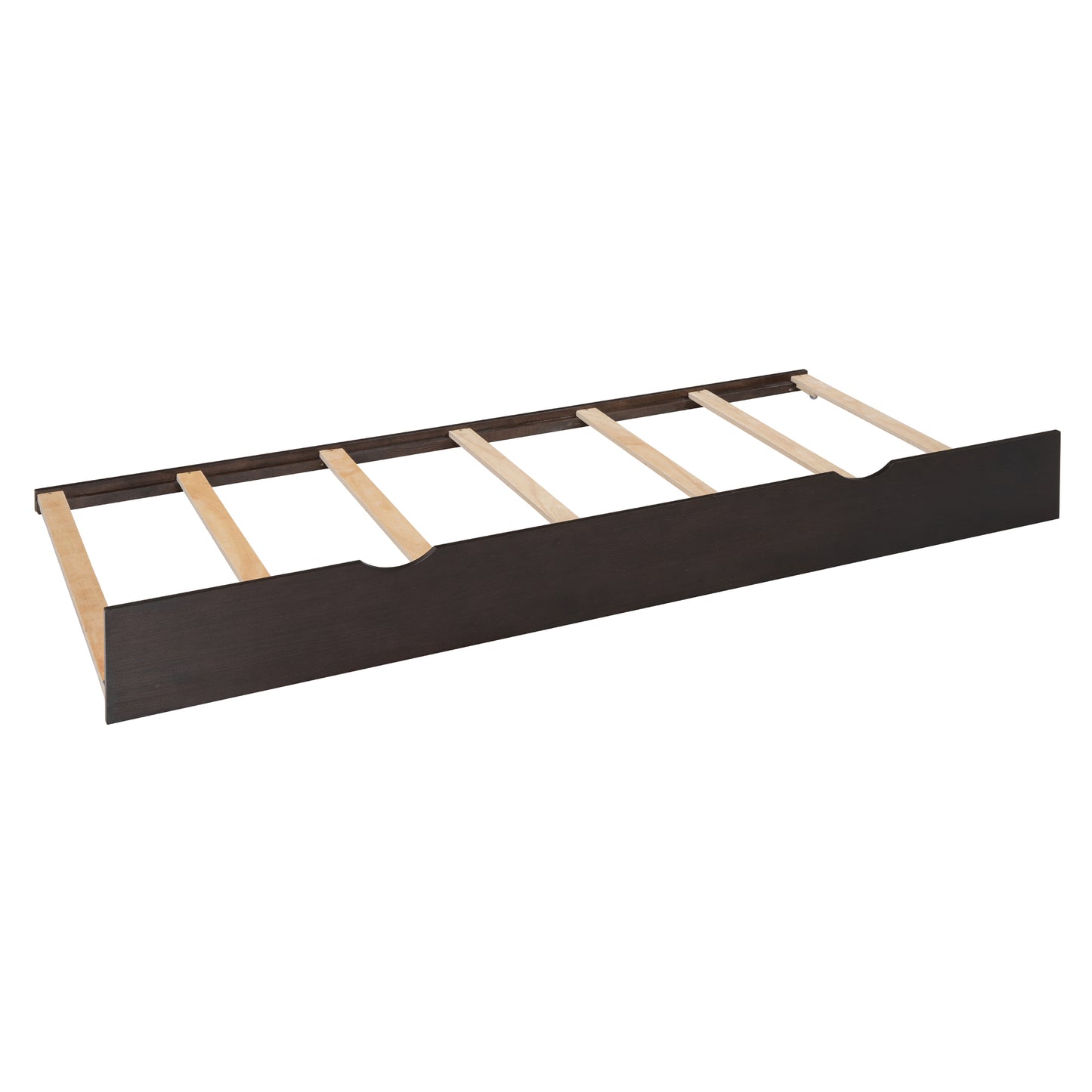 Dark brown wood toddler bed rail with pine slats