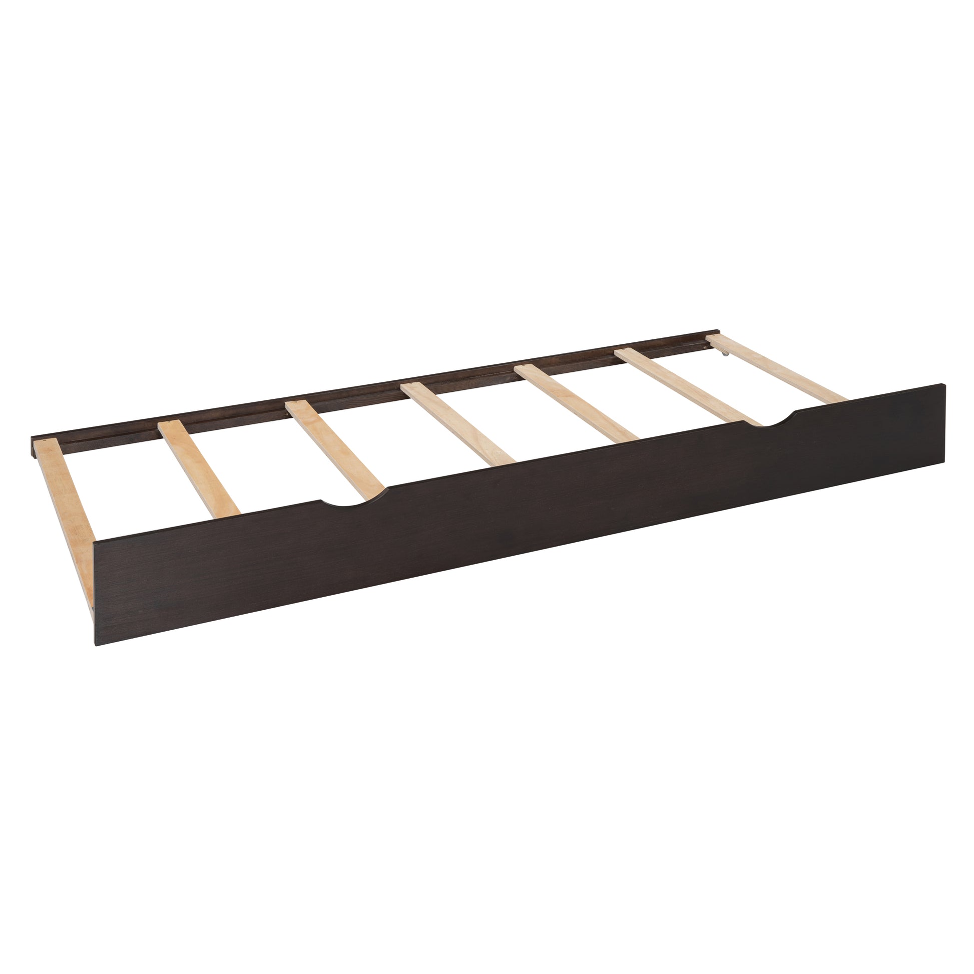 Dark brown wood toddler bed rail with pine slats