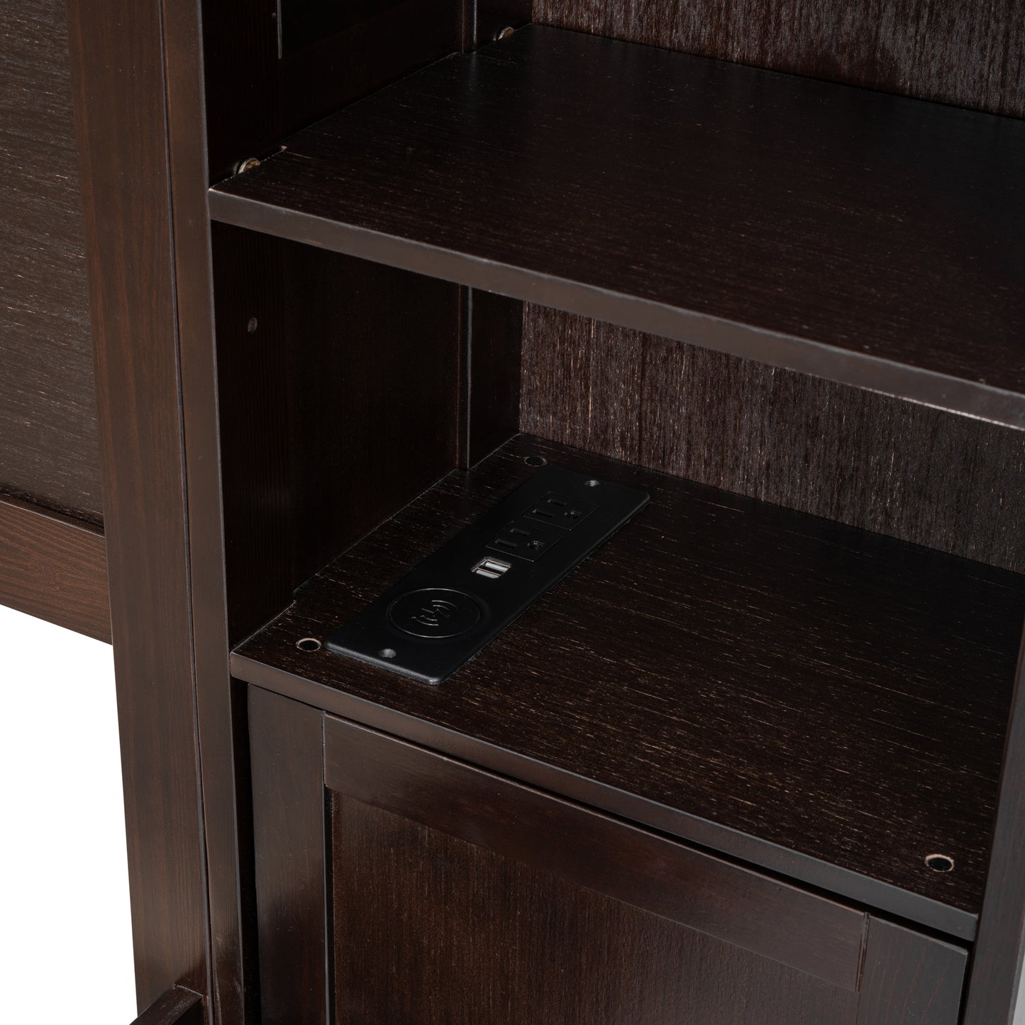 Dark espresso bookshelf with integrated power outlet and USB ports