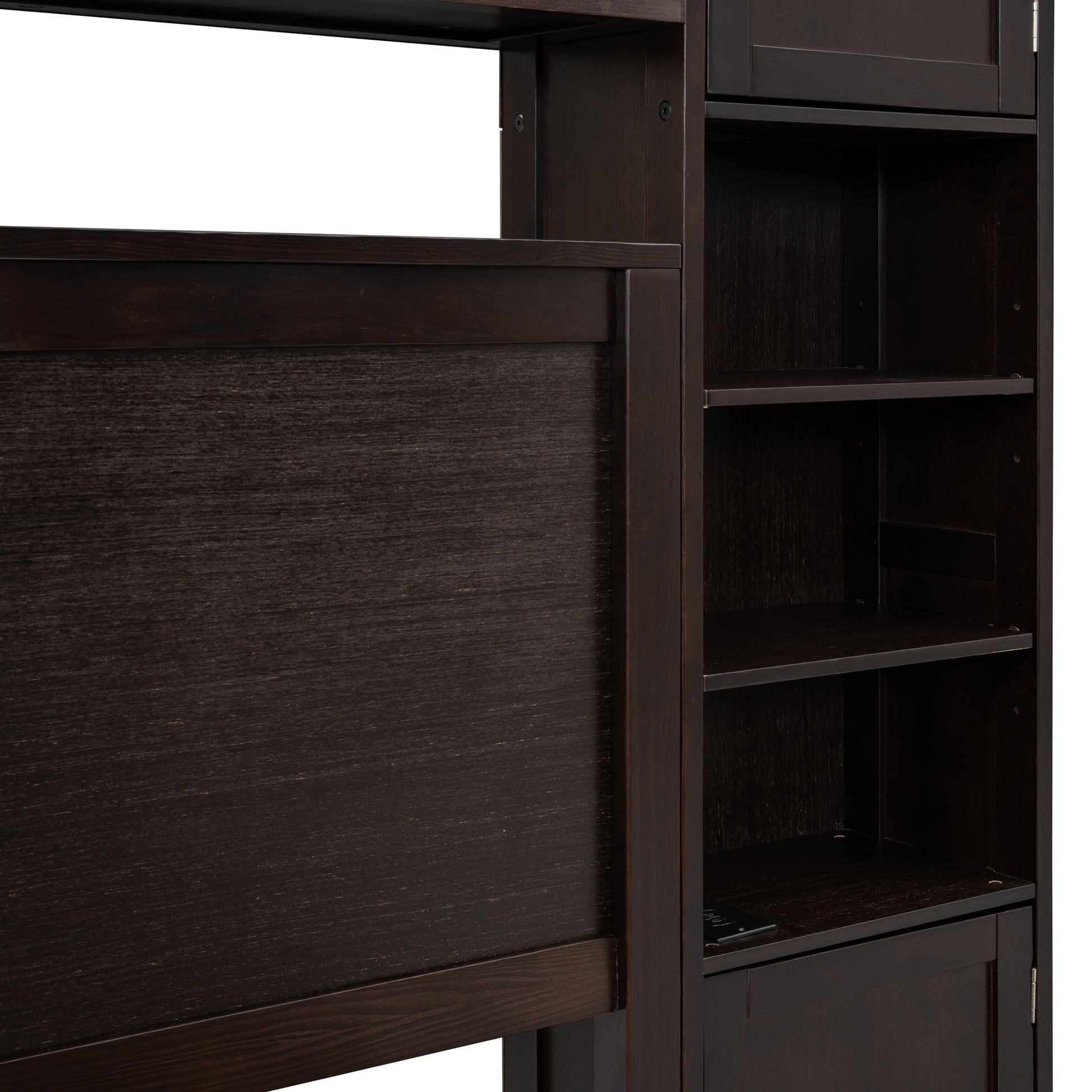 Dark wood bunk bed frame with visible wood grain texture