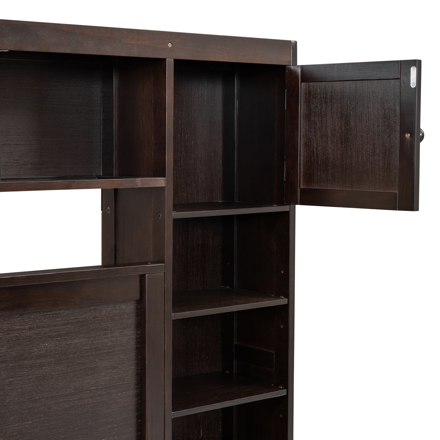 Dark brown wood bookshelf with open cabinet door showing adjustable shelves