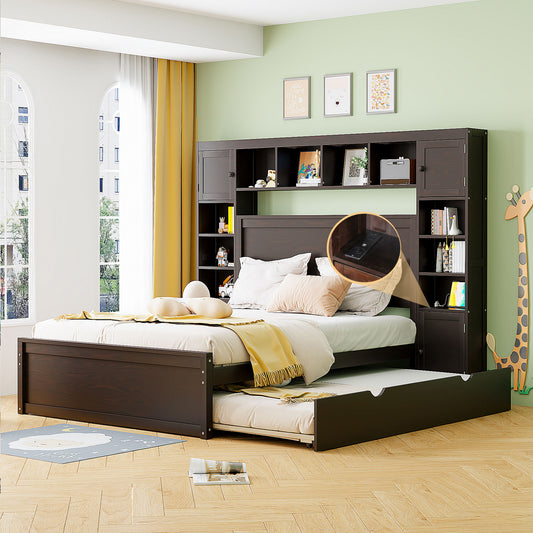 Dark brown wooden captains bed with integrated bookshelf
