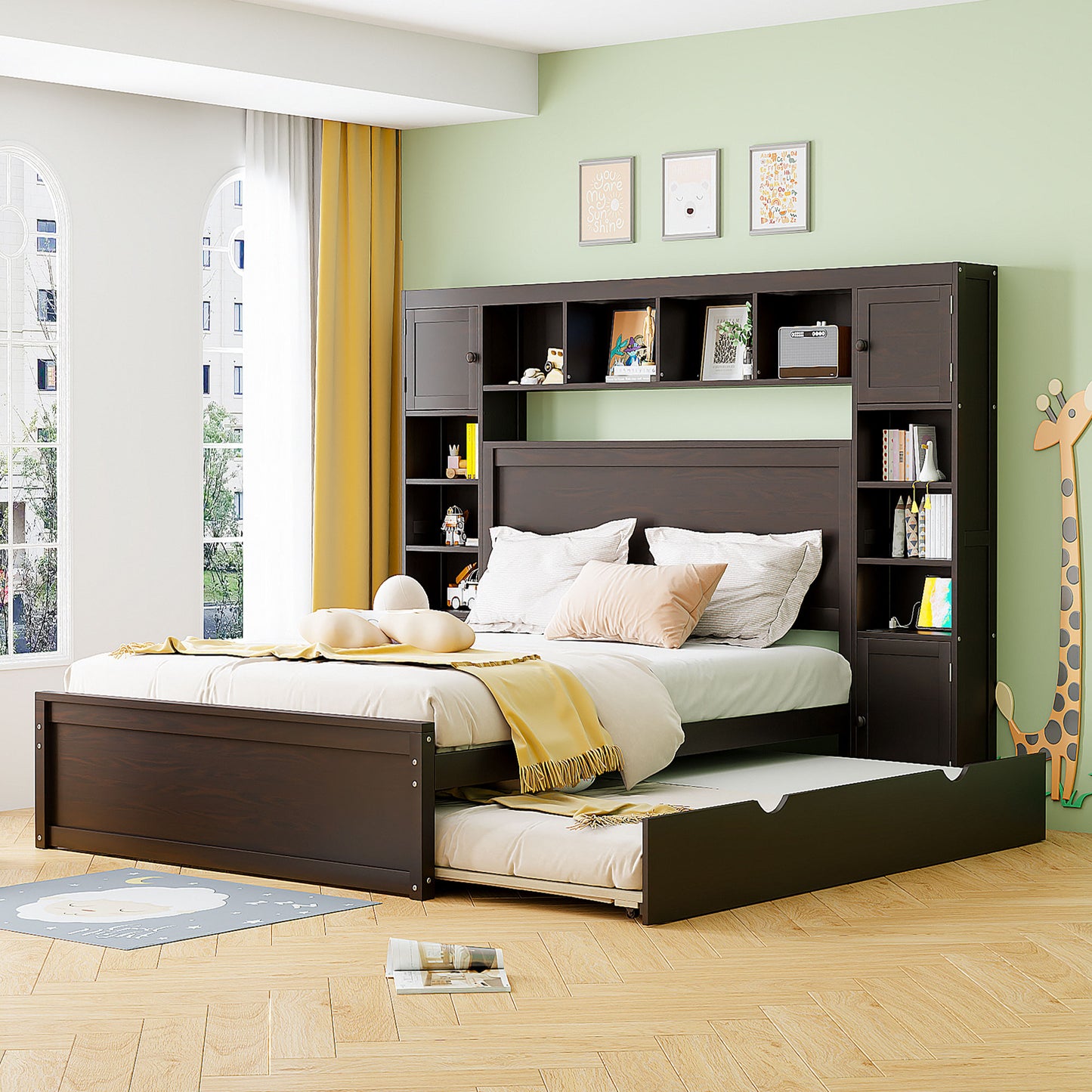 Dark wood captains bed with pullout trundle and builtin shelving