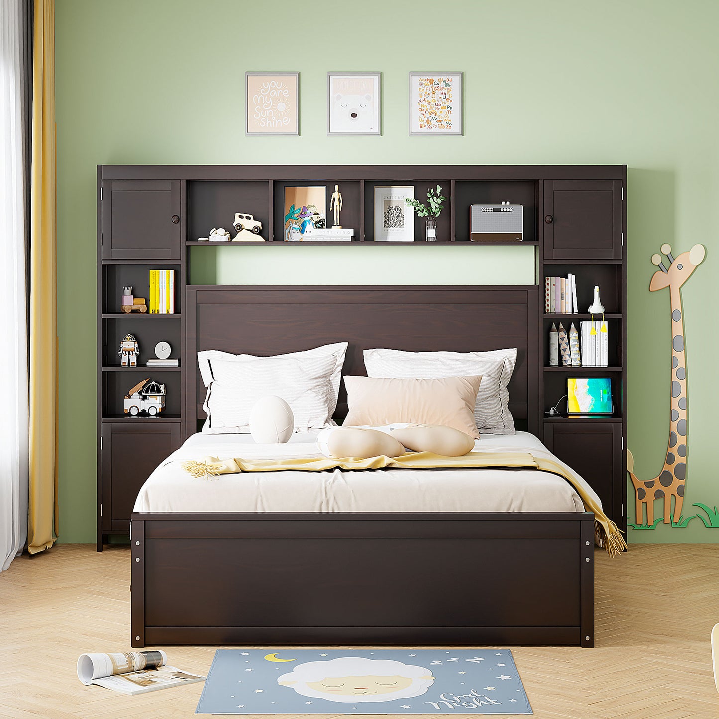 Dark brown wooden bed frame with integrated headboard shelving