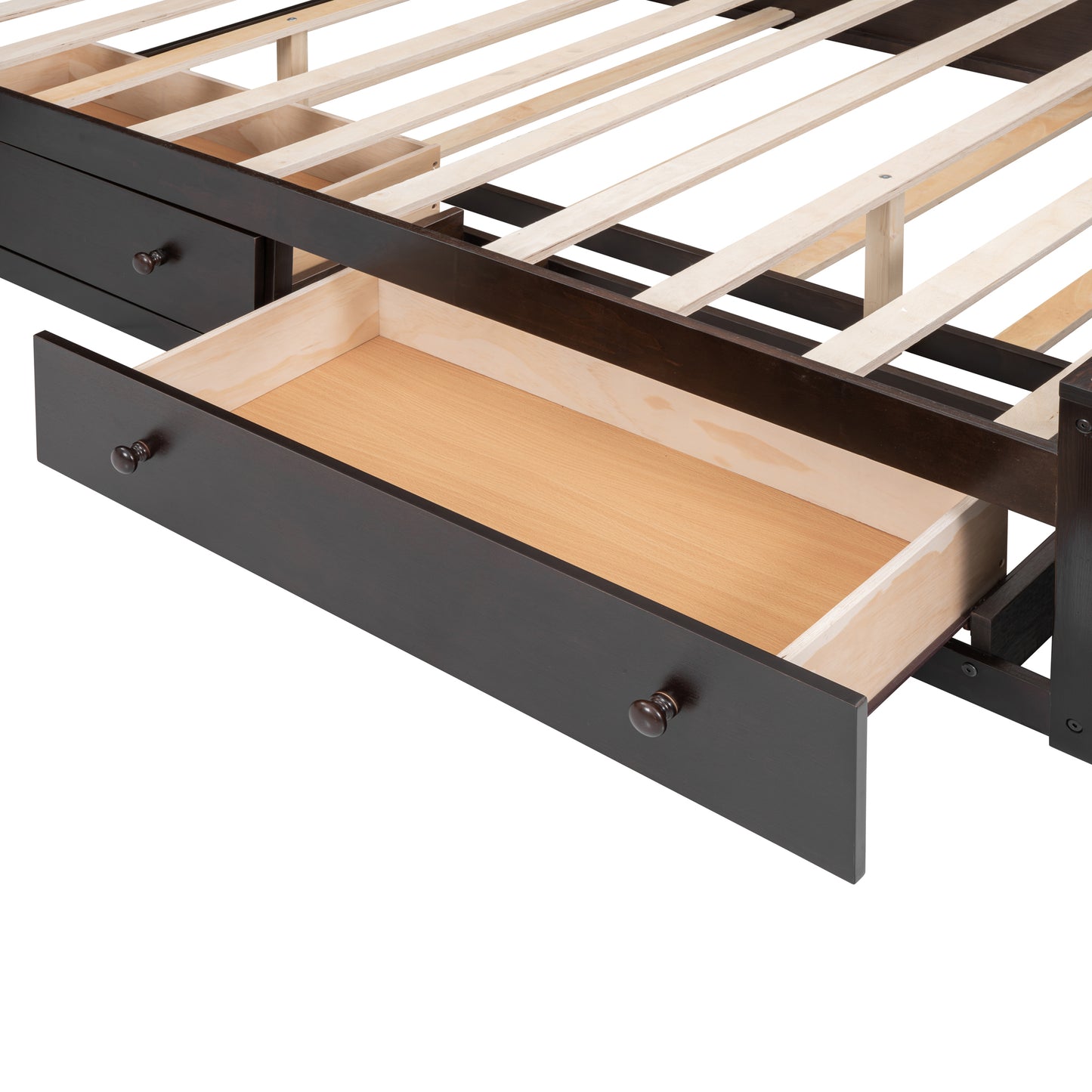Dark brown wooden bed frame with one open storage drawer and wooden slats