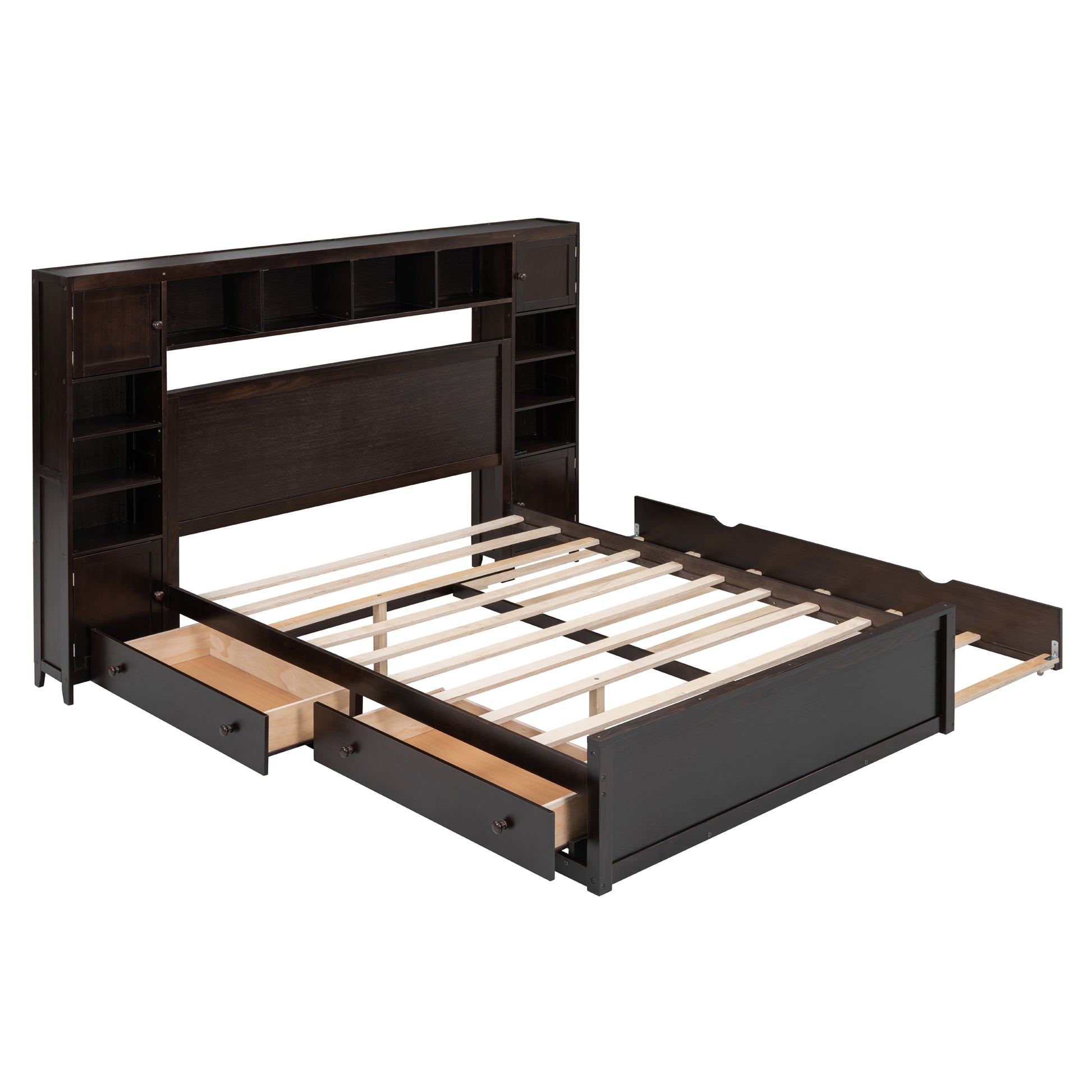 Dark espresso platform bed with builtin headboard shelves and drawers