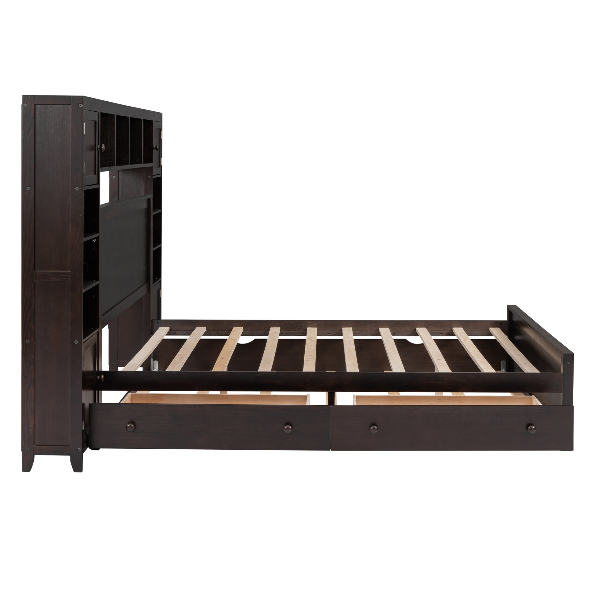 Dark wood twin bed frame with bookshelf headboard and two drawers