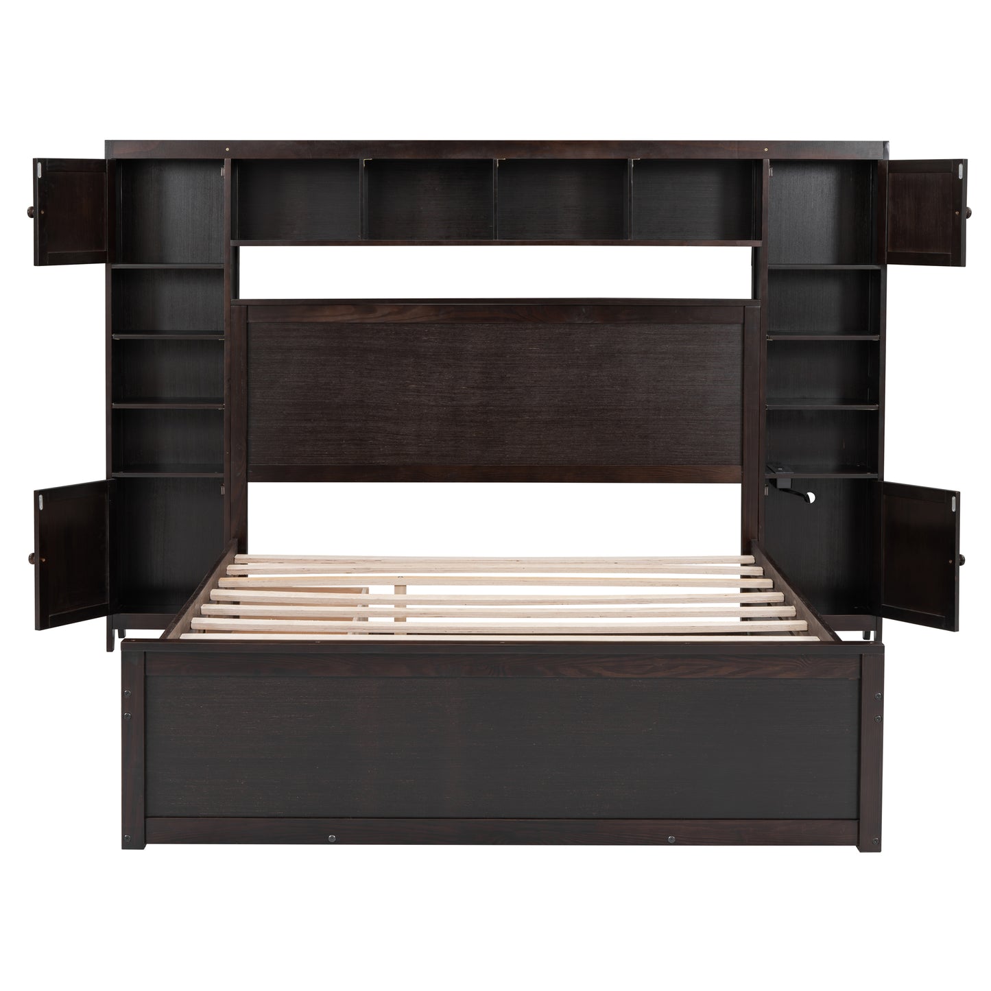 Dark brown wooden bed frame with builtin headboard shelving and side cabinets