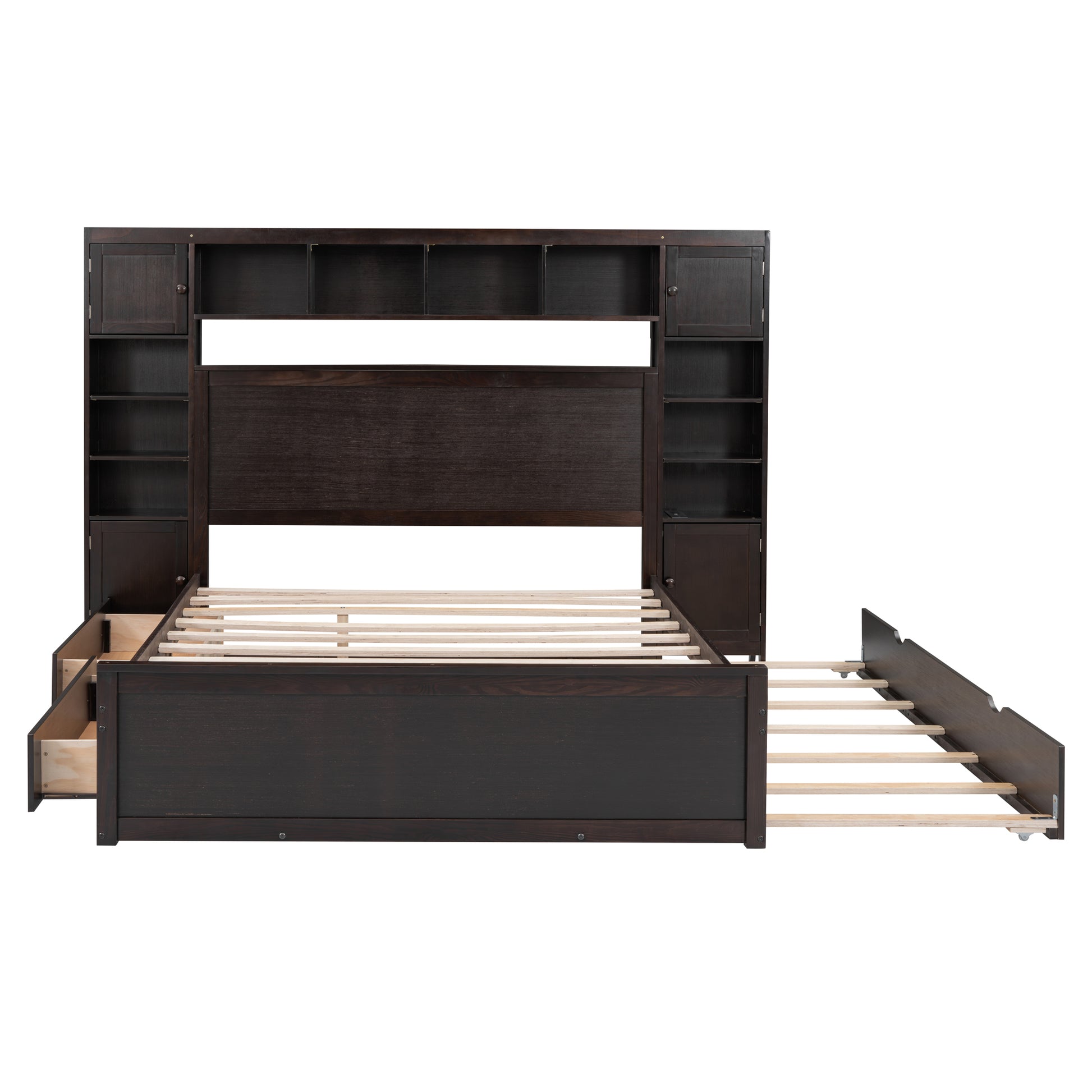 Dark brown wood captain bed with builtin shelves and drawers