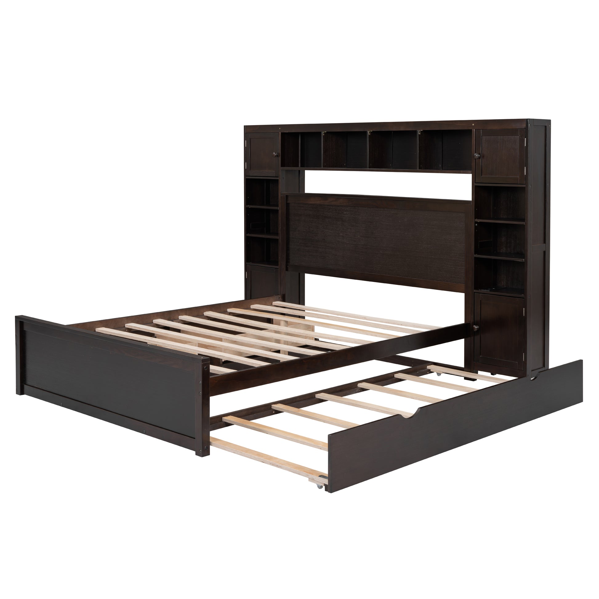 Dark brown wood storage bed frame with open shelves and a pullout trundle drawer