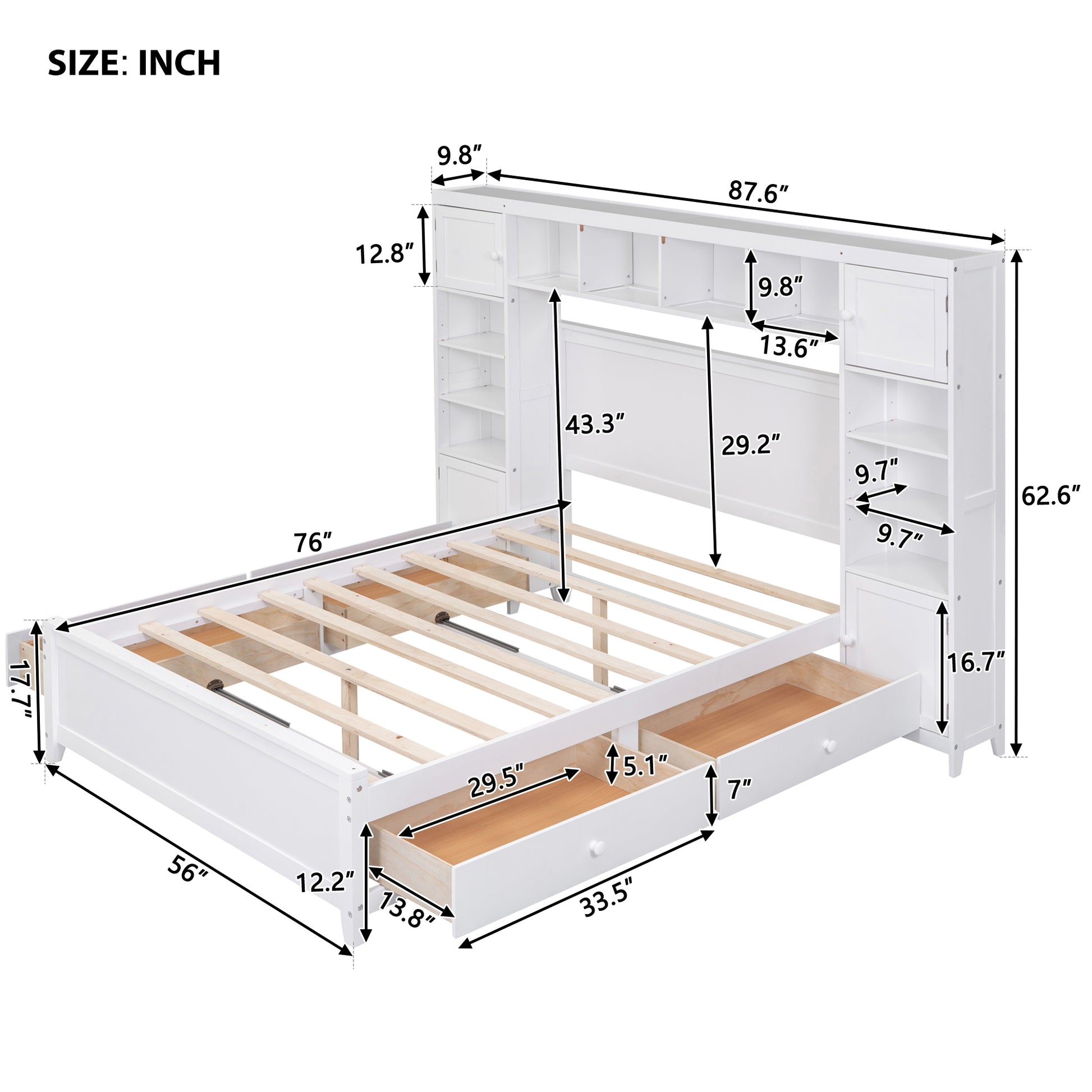 White twin bed frame with bookshelf headboard and drawers