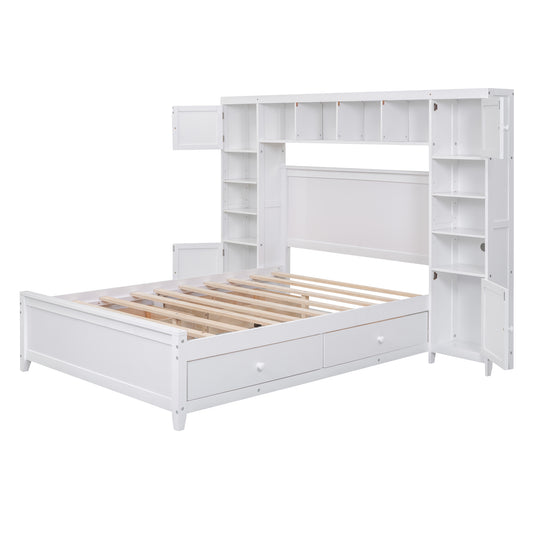White wooden bed with builtin headboard shelves and side storage cabinets