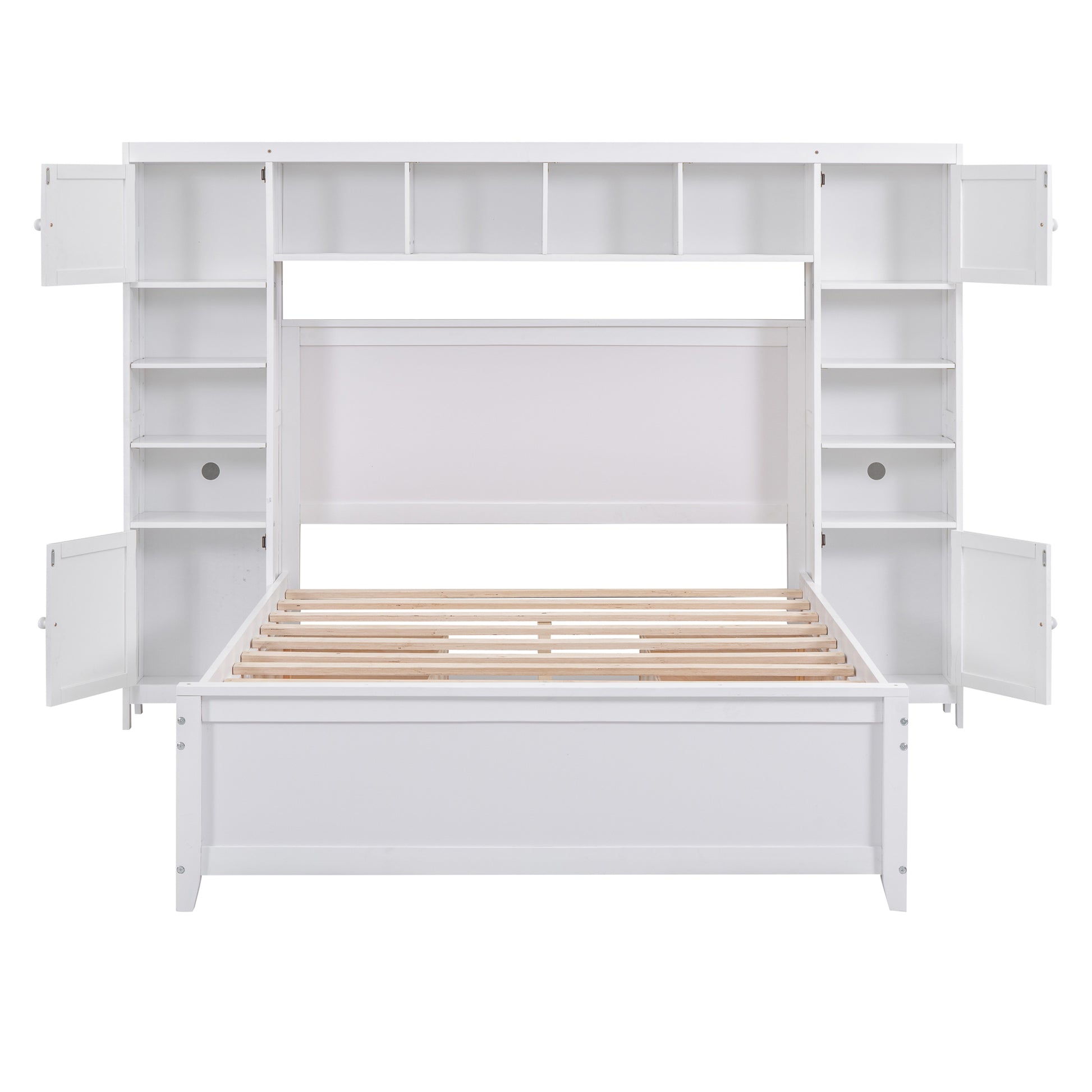 White twin bed frame with builtin storage shelves and cabinets