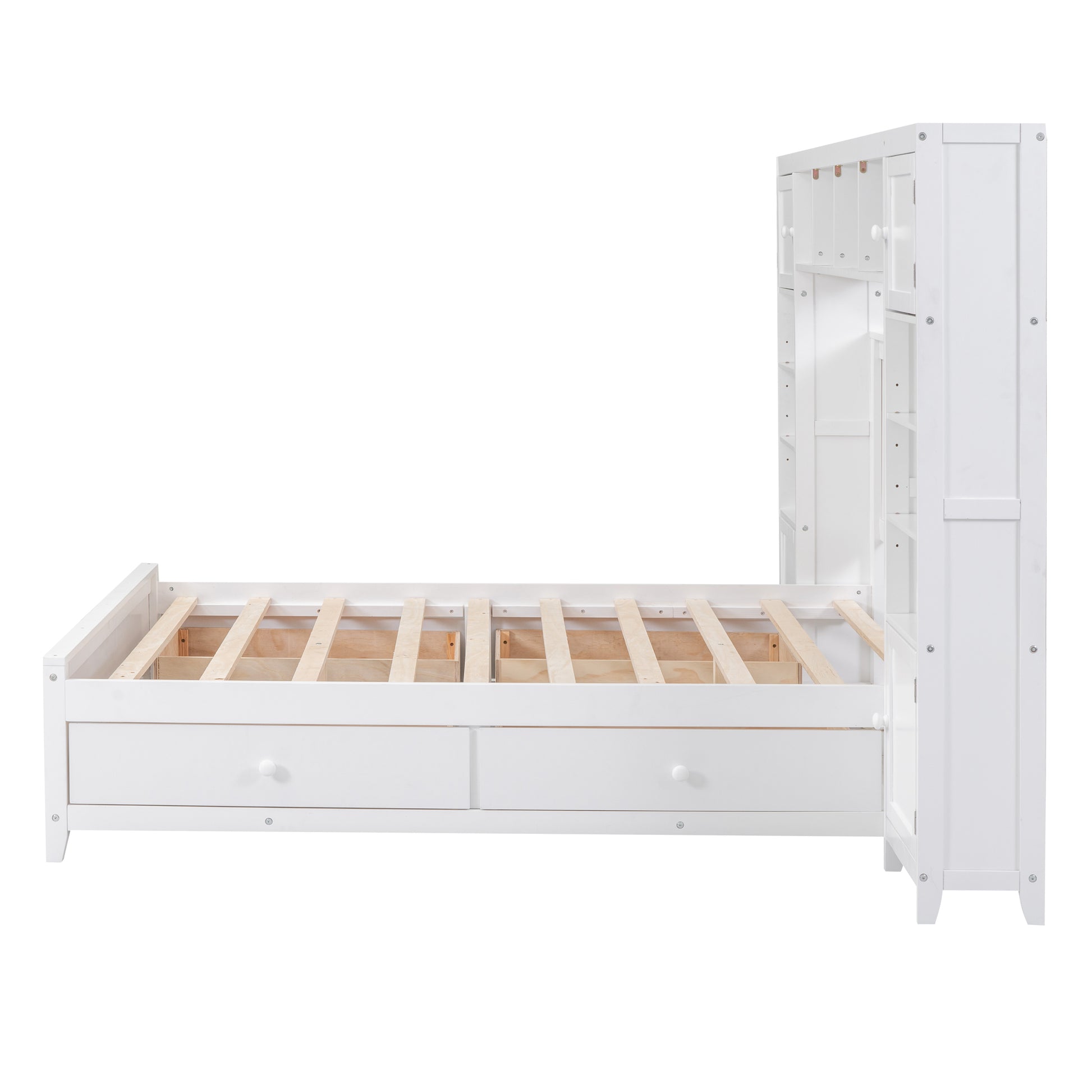 White twin bed frame with two drawers and integrated bookshelf unit