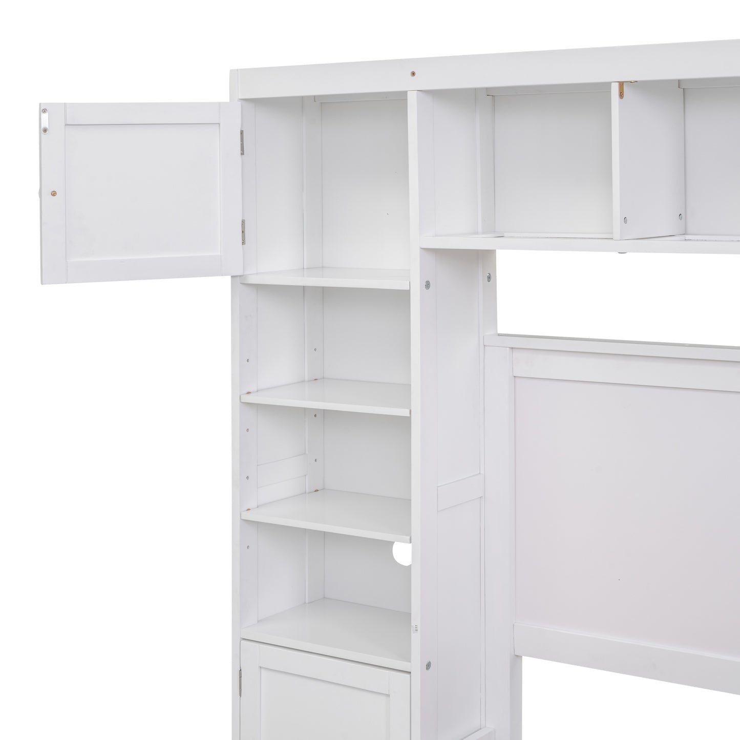 White wooden bookshelf with open door and adjustable shelves