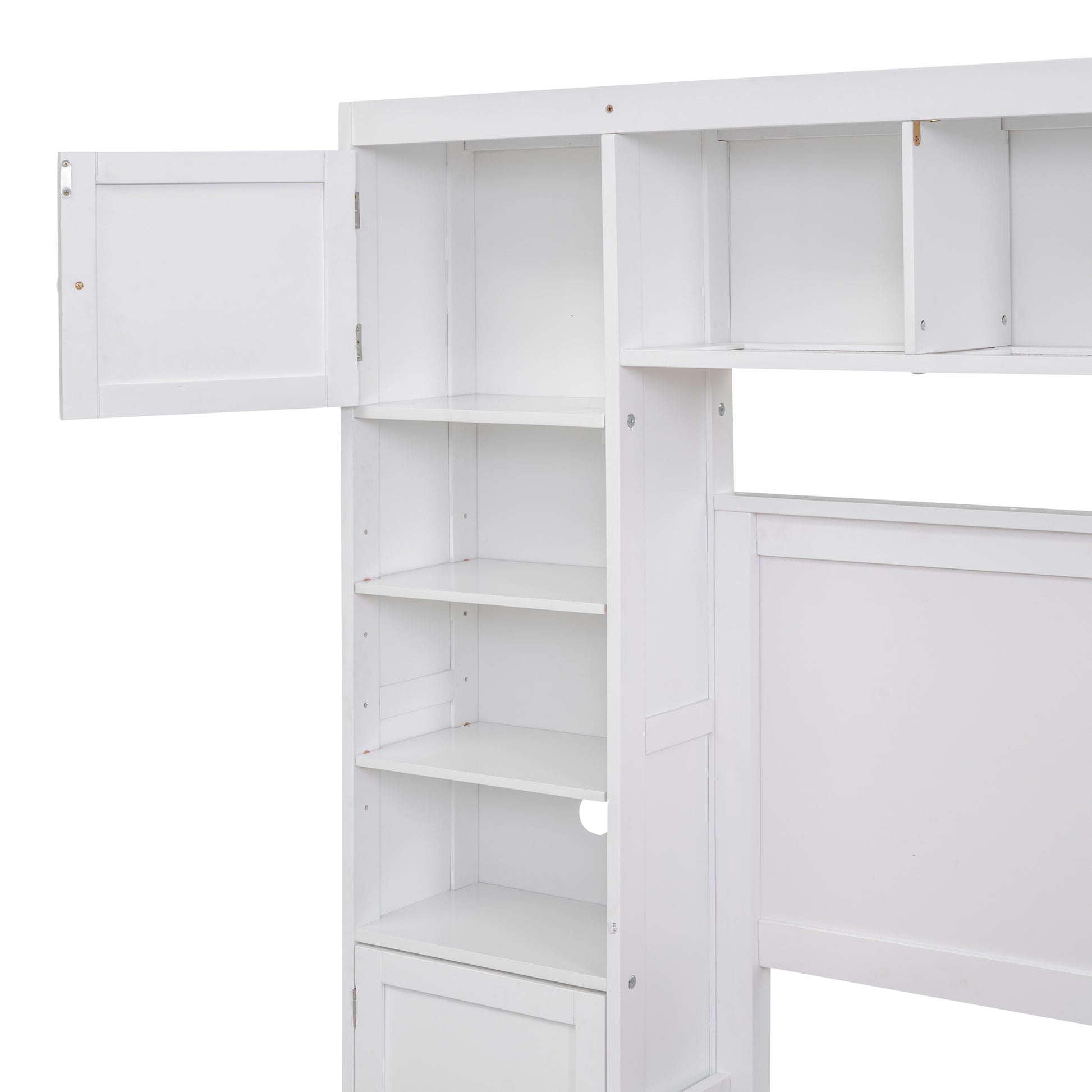 White wooden bookshelf with open door and adjustable shelves