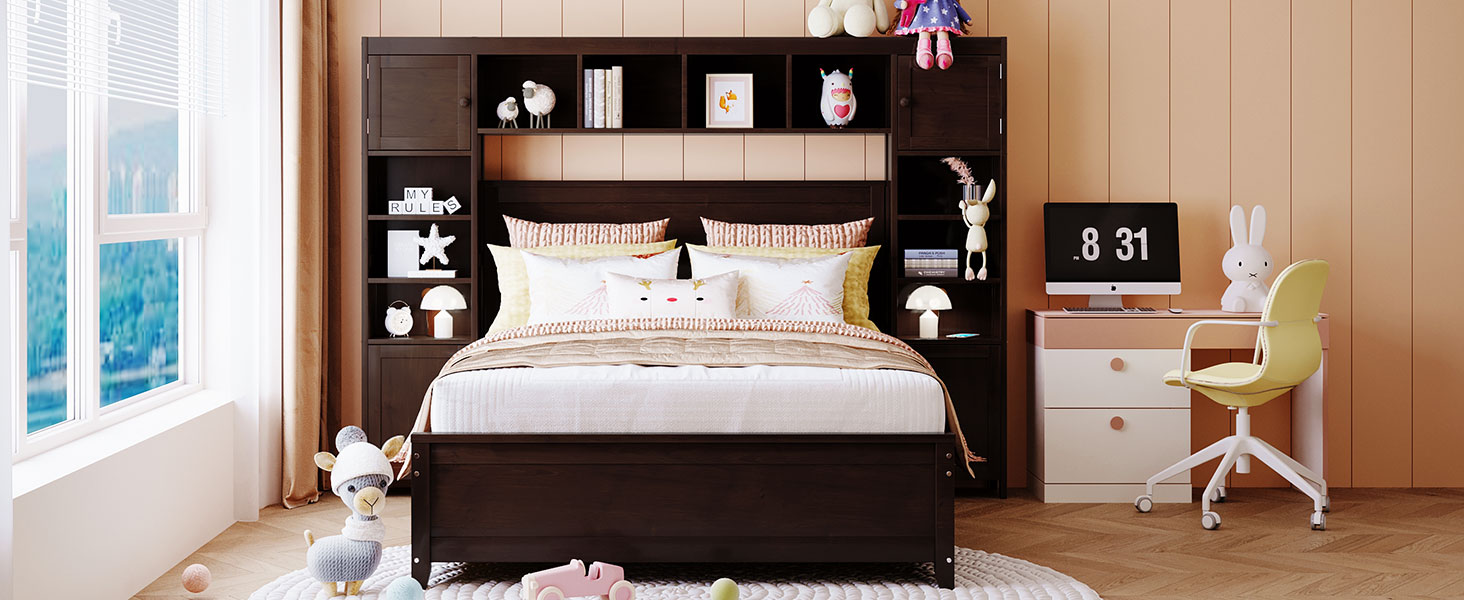 Dark wood platform bed with a tufted headboard and decorative pillows