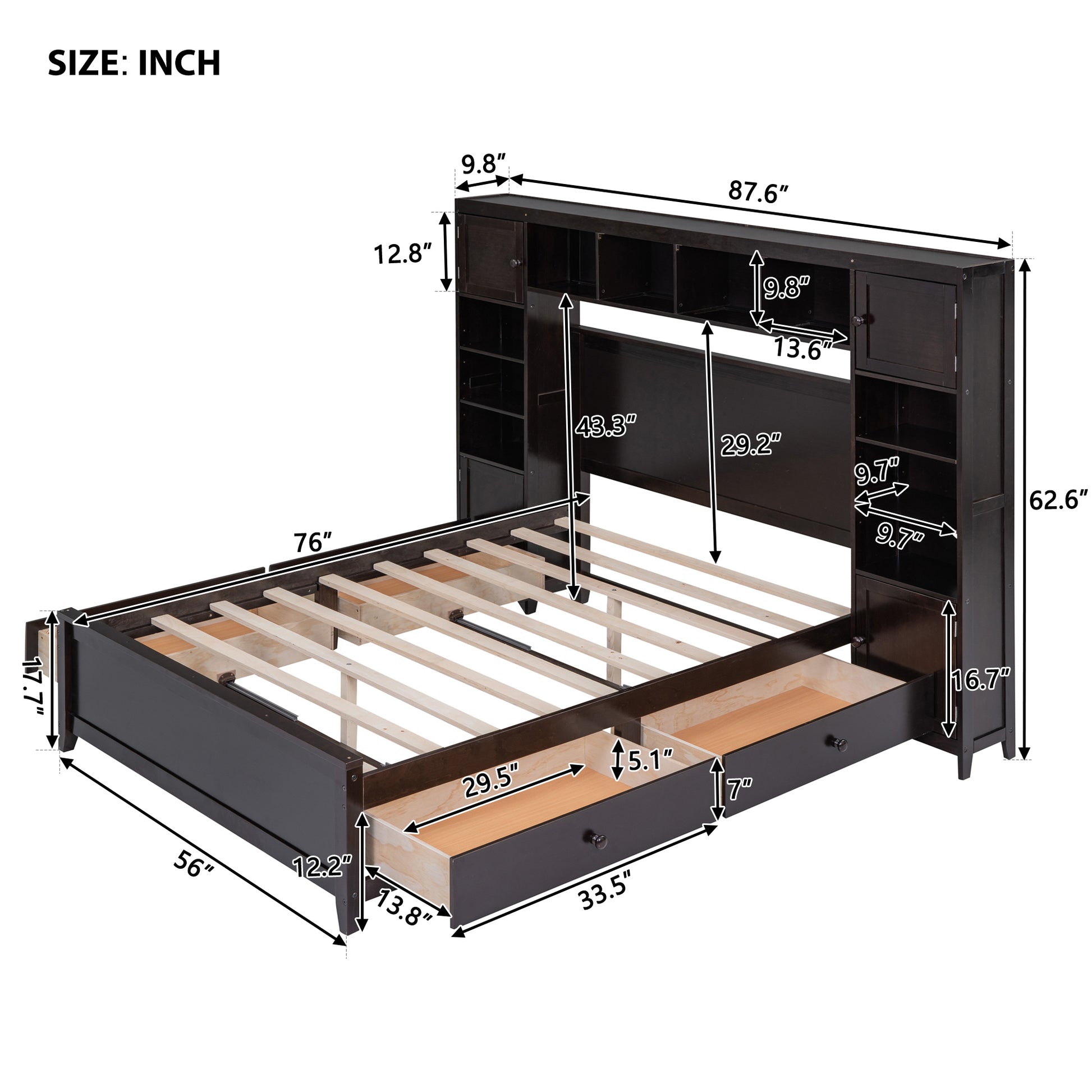 Dark brown wooden platform bed with drawers and bookshelf headboard