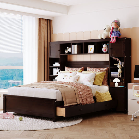 Dark brown wooden platform bed with storage drawers
