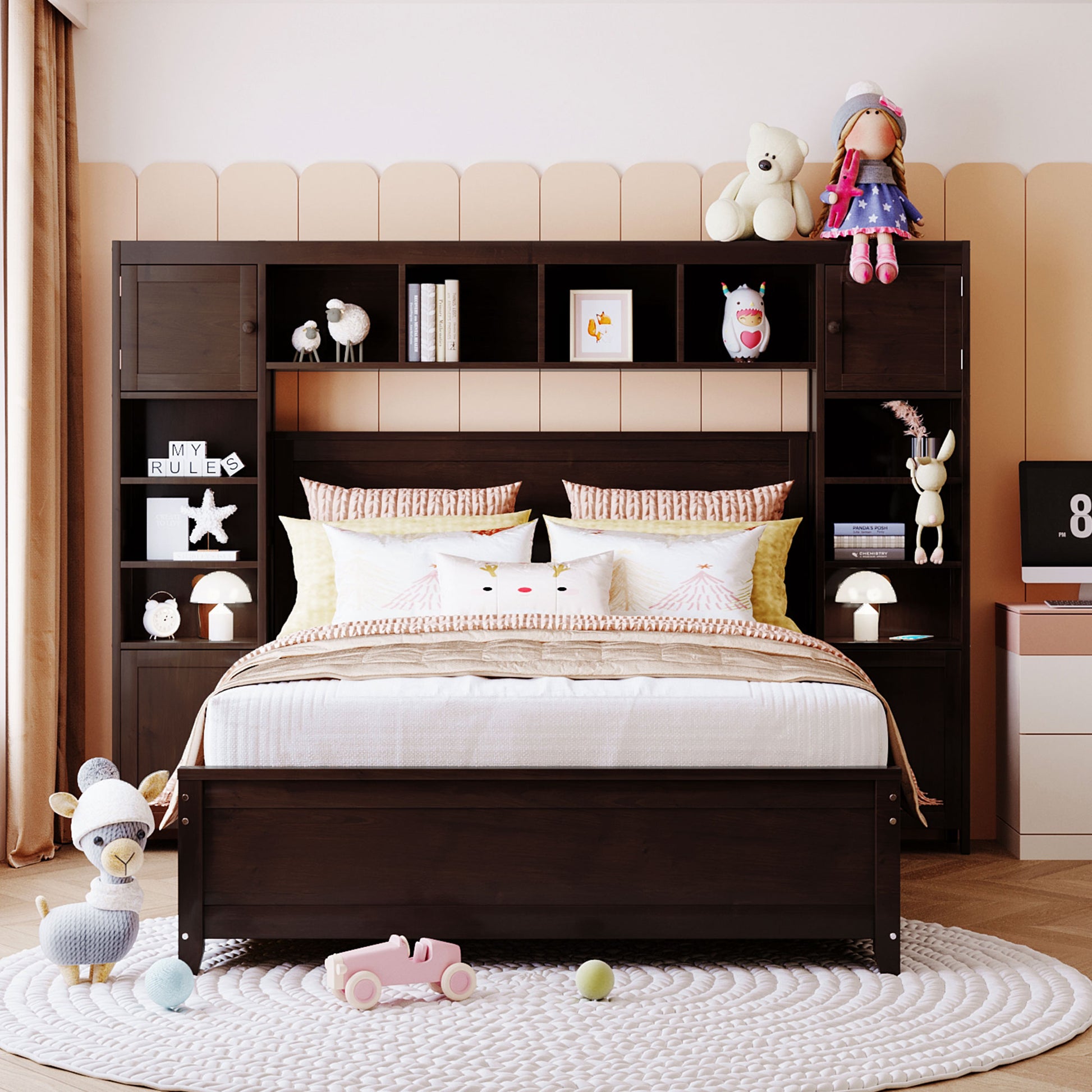 Dark brown wood toddler bed with plush toys and builtin shelves