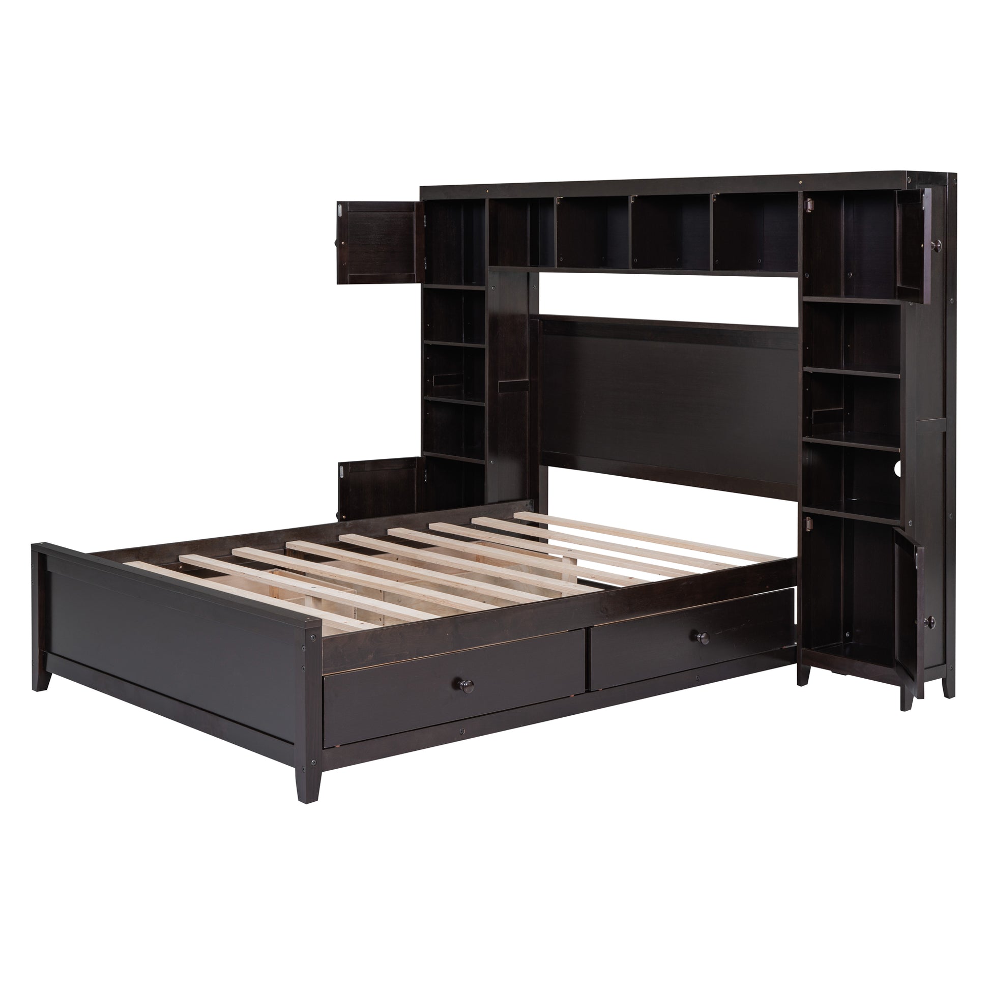 Dark brown wood storage bed frame with open shelves and cabinet doors