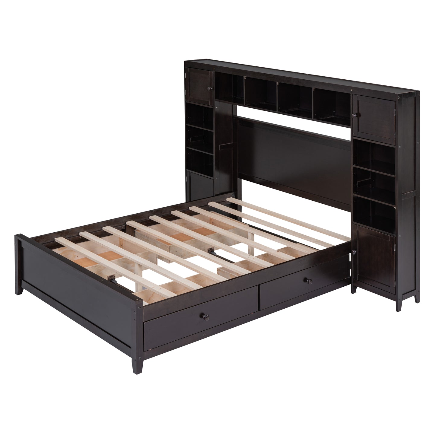 Dark brown wood storage bed frame with drawers and bookshelf headboard