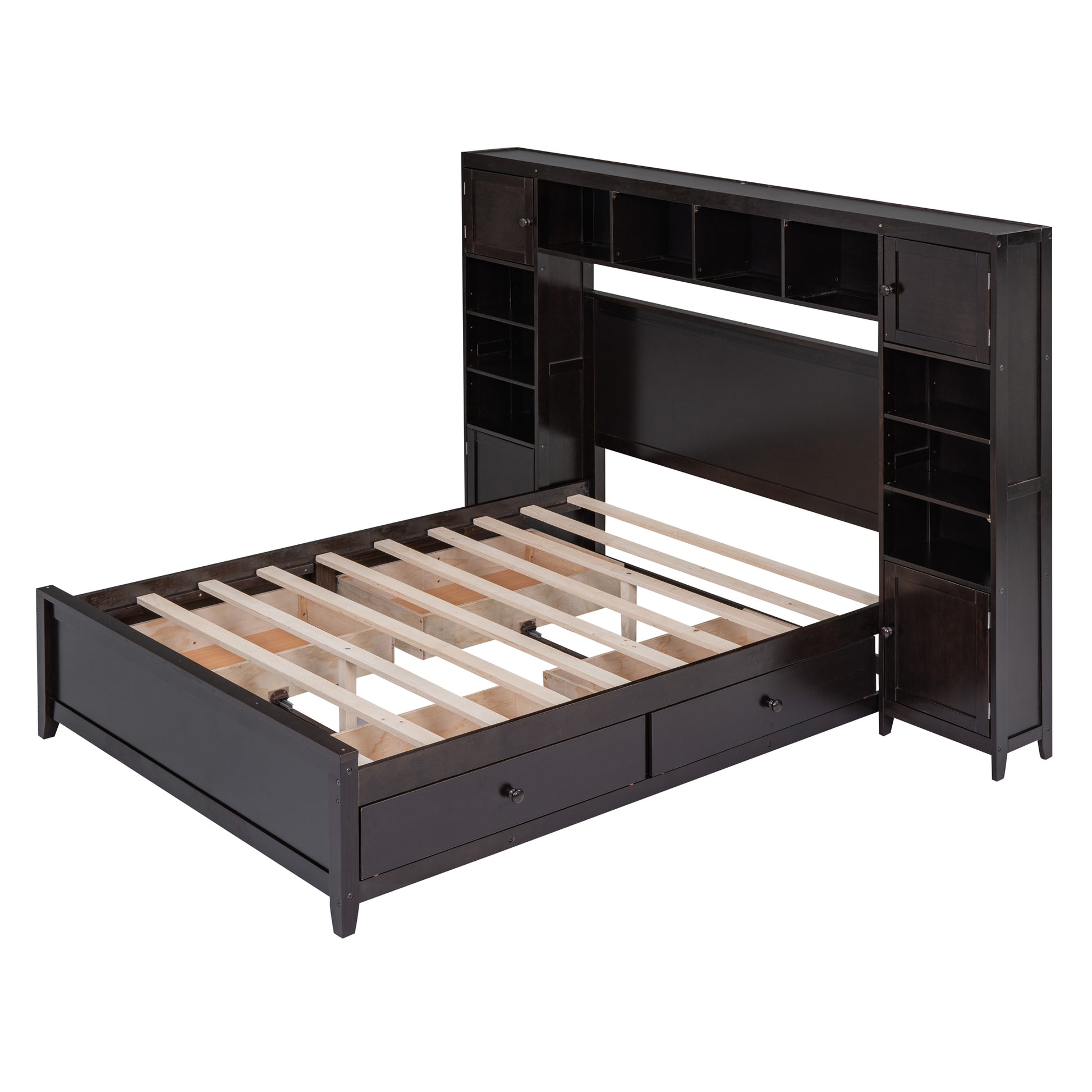 Dark brown wood storage bed frame with drawers and bookshelf headboard