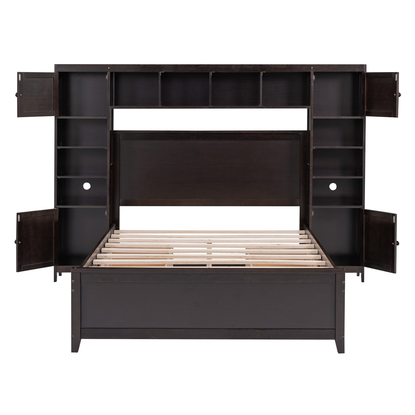 Dark brown wood bed frame with open shelves and cabinets