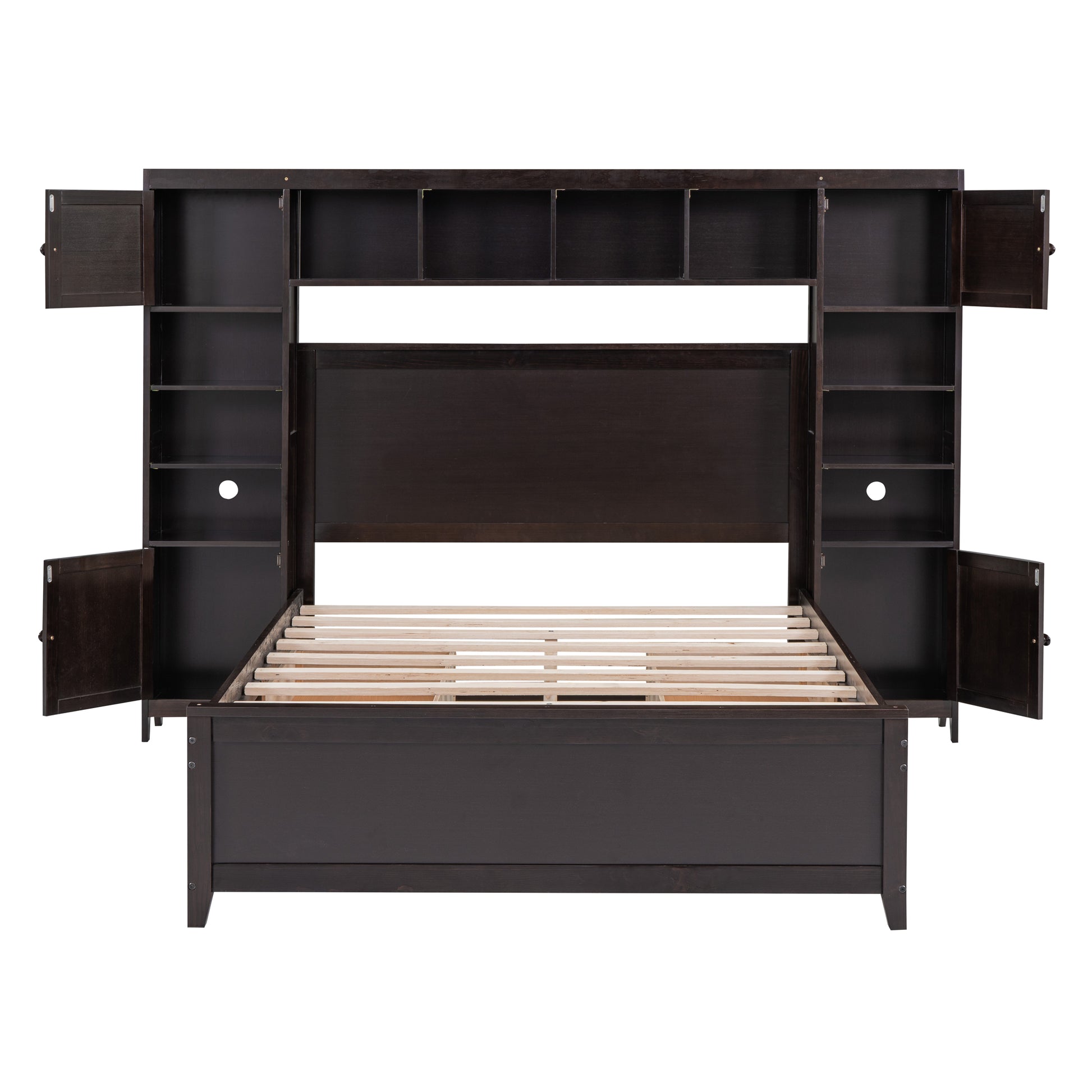 Dark brown wood bed frame with open shelves and cabinets